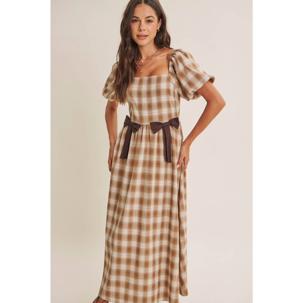 Golden Field Plaid Smocked Midi Dress