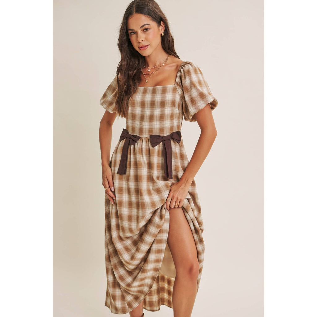 Golden Field Plaid Smocked Midi Dress