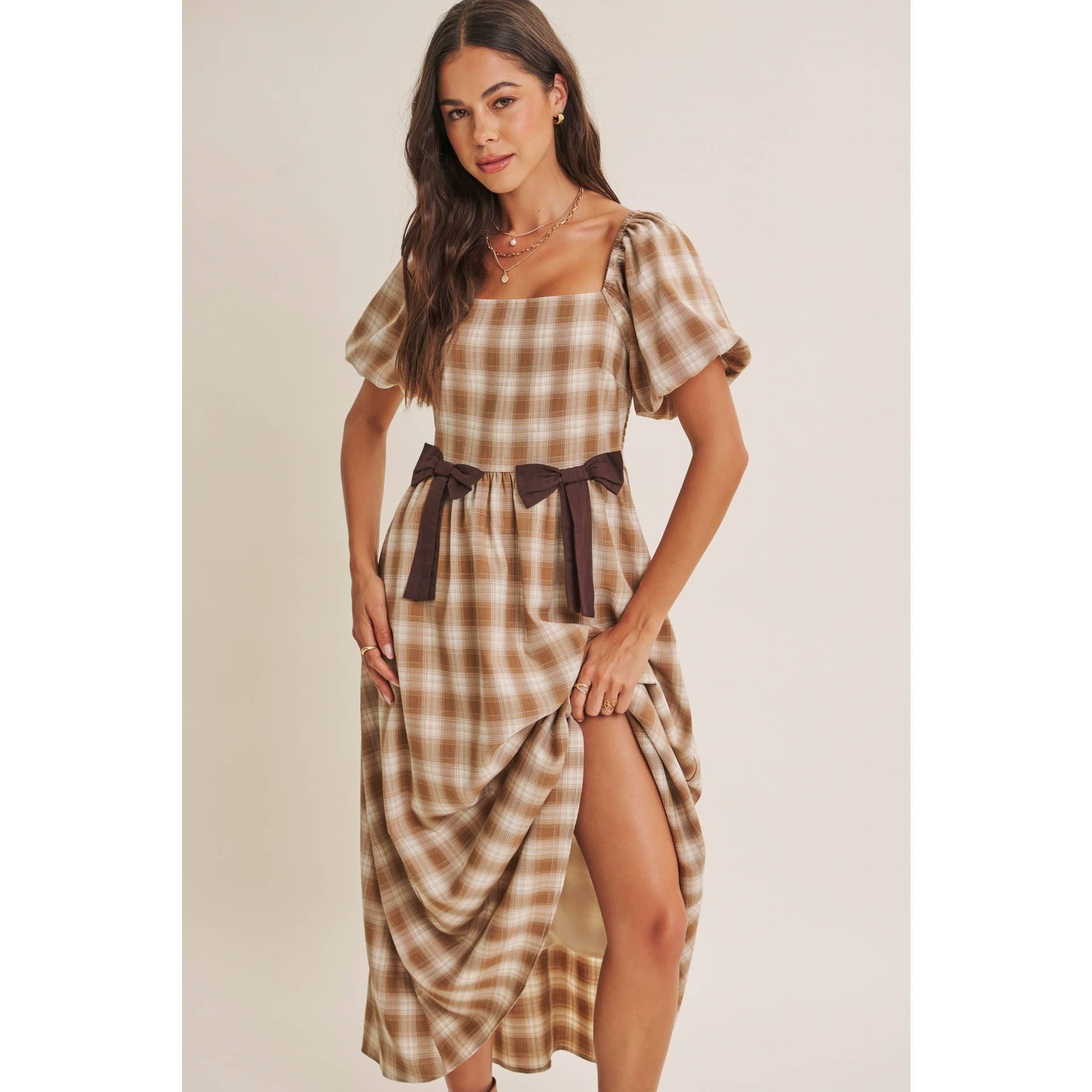Golden Field Plaid Smocked Midi Dress