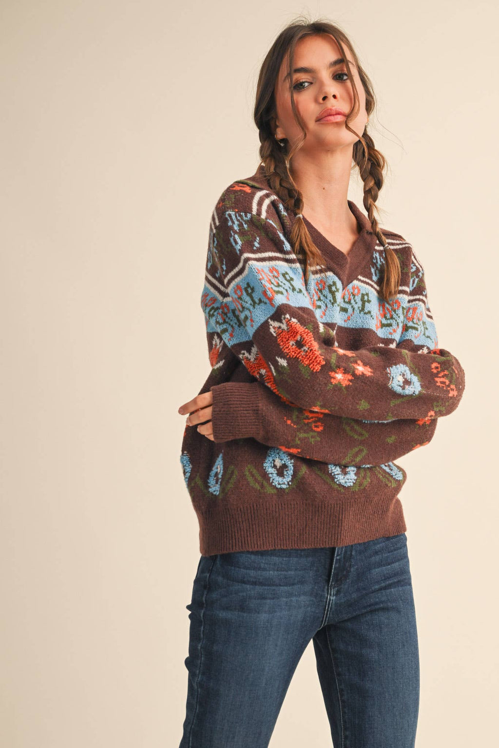 Floral Knit Collared Sweater