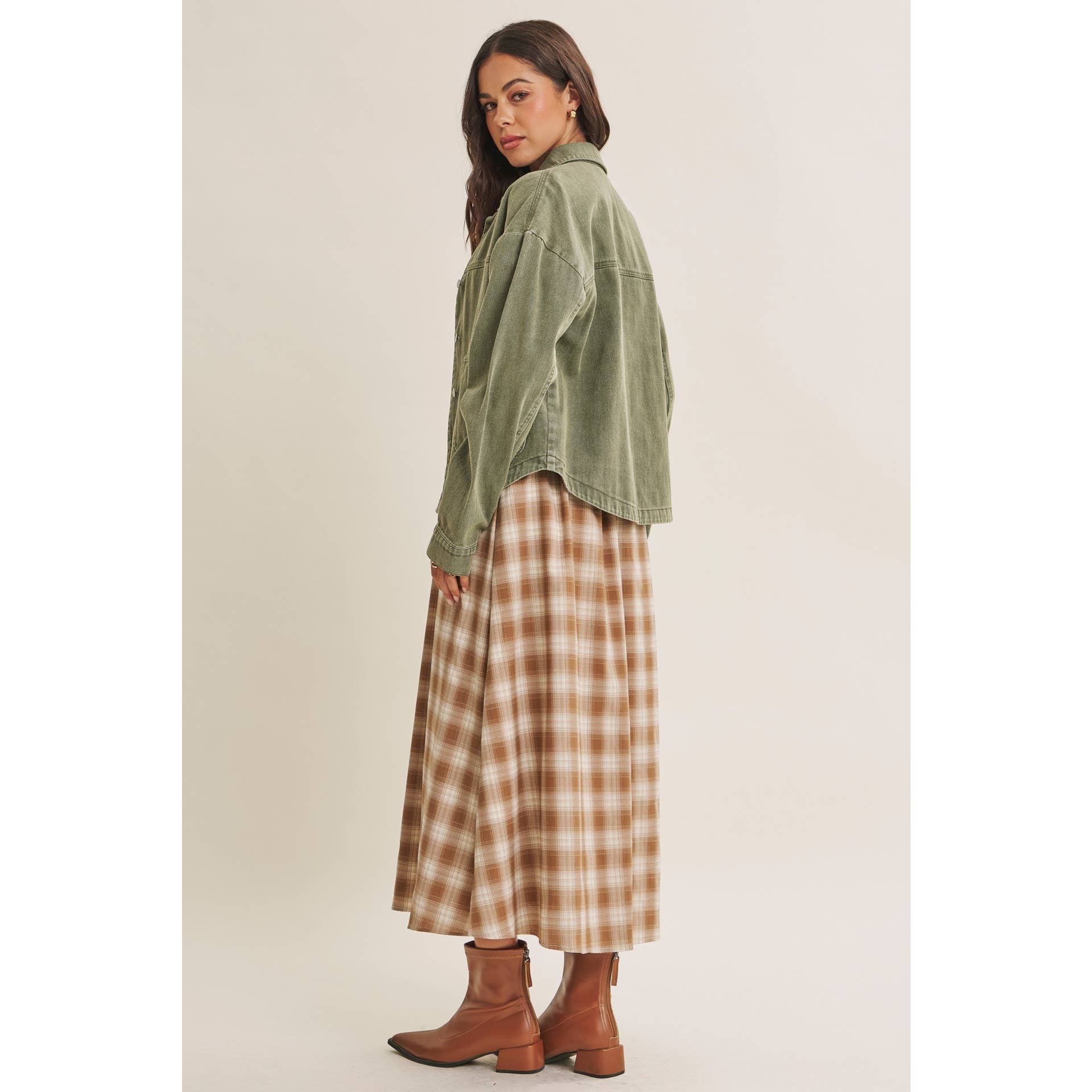 Golden Field Plaid Smocked Midi Dress