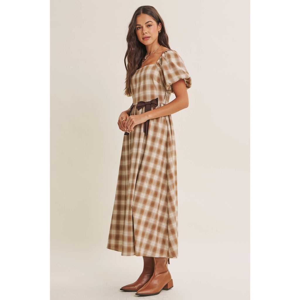 Golden Field Plaid Smocked Midi Dress