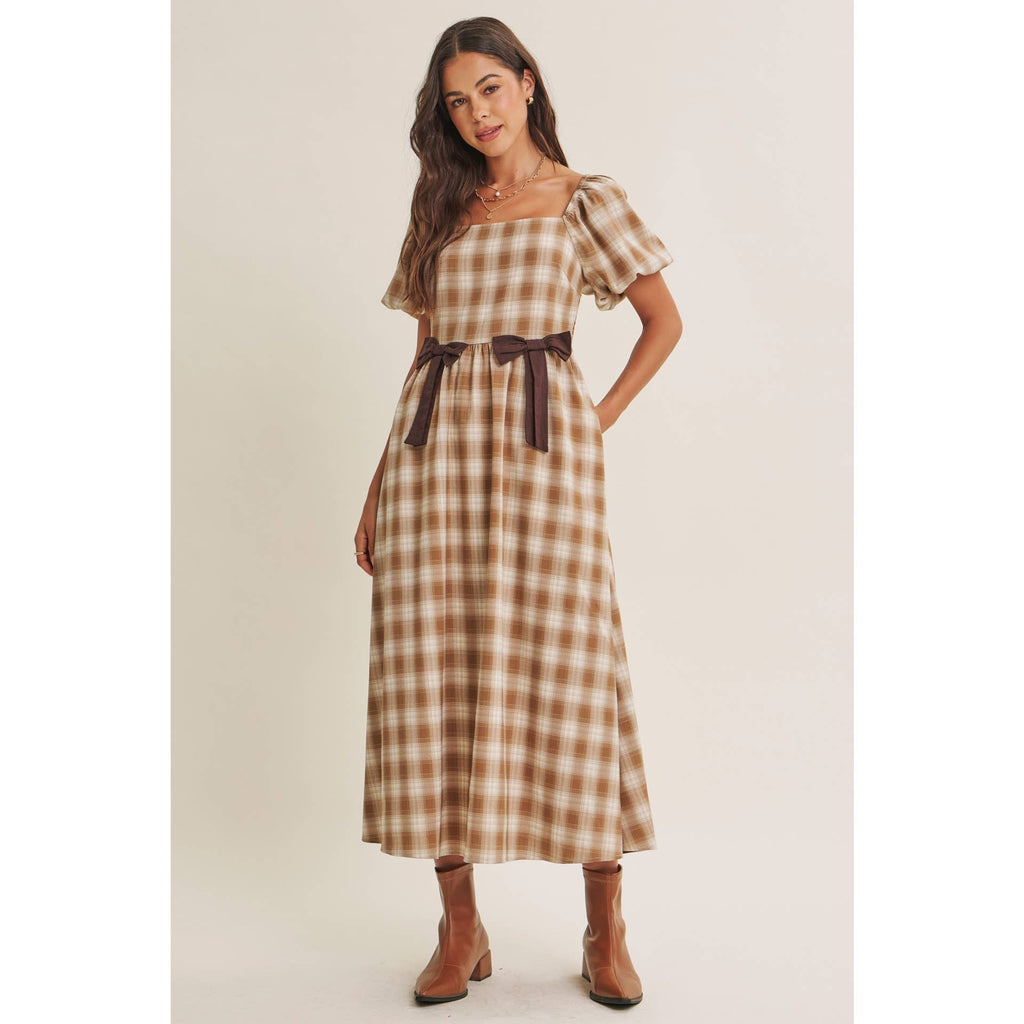 Golden Field Plaid Smocked Midi Dress