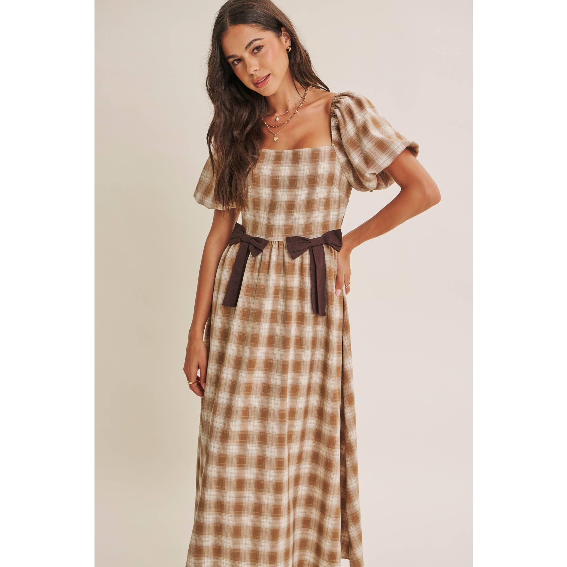 Golden Field Plaid Smocked Midi Dress