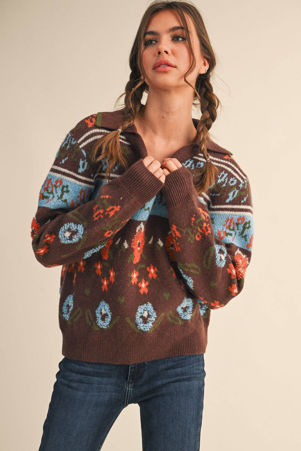 Floral Knit Collared Sweater