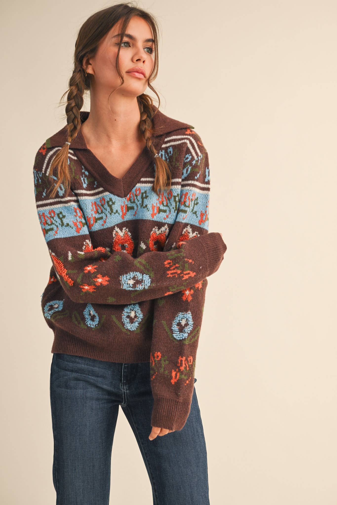 Floral Knit Collared Sweater