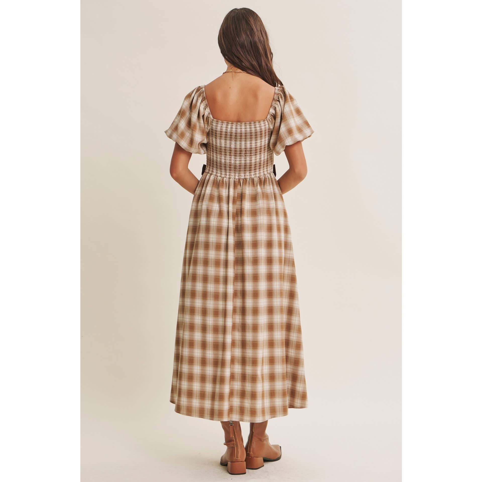 Golden Field Plaid Smocked Midi Dress