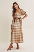 Golden Field Plaid Smocked Midi Dress
