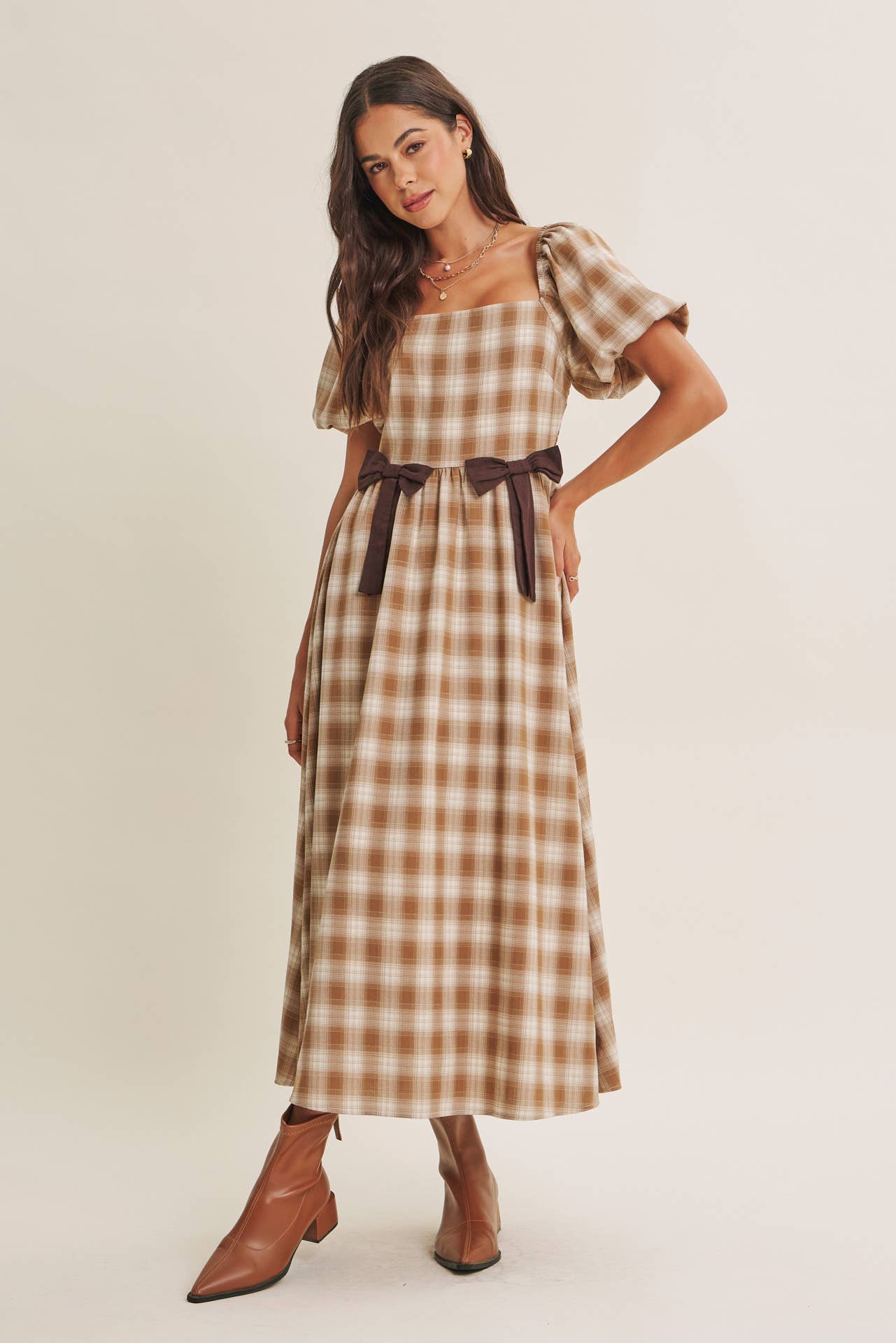 Golden Field Plaid Smocked Midi Dress