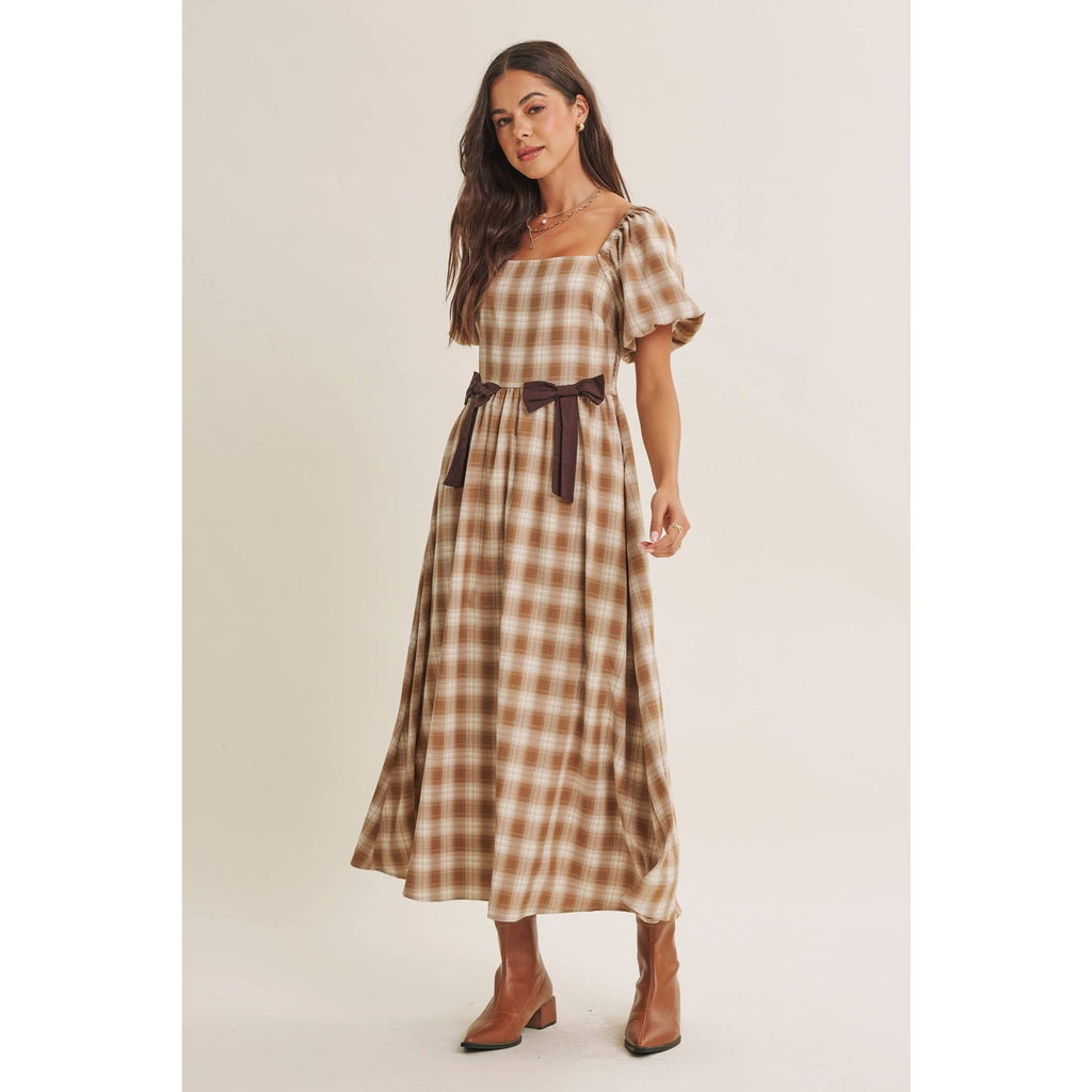 Golden Field Plaid Smocked Midi Dress