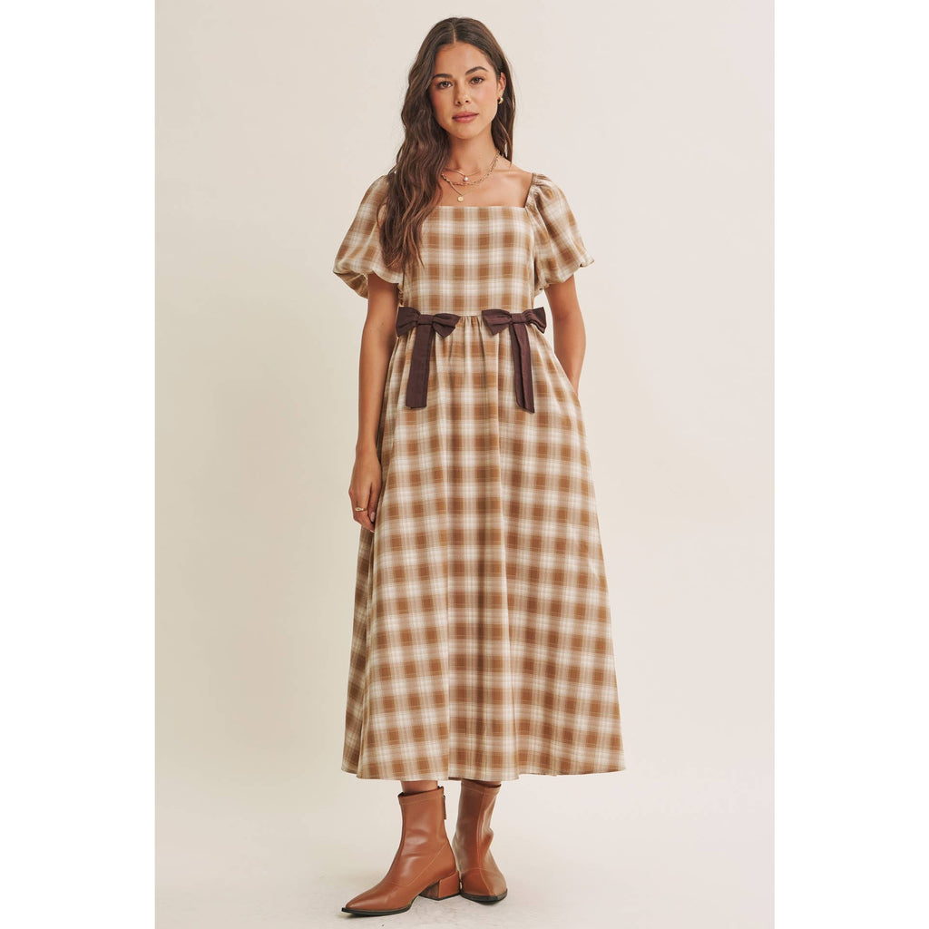 Golden Field Plaid Smocked Midi Dress