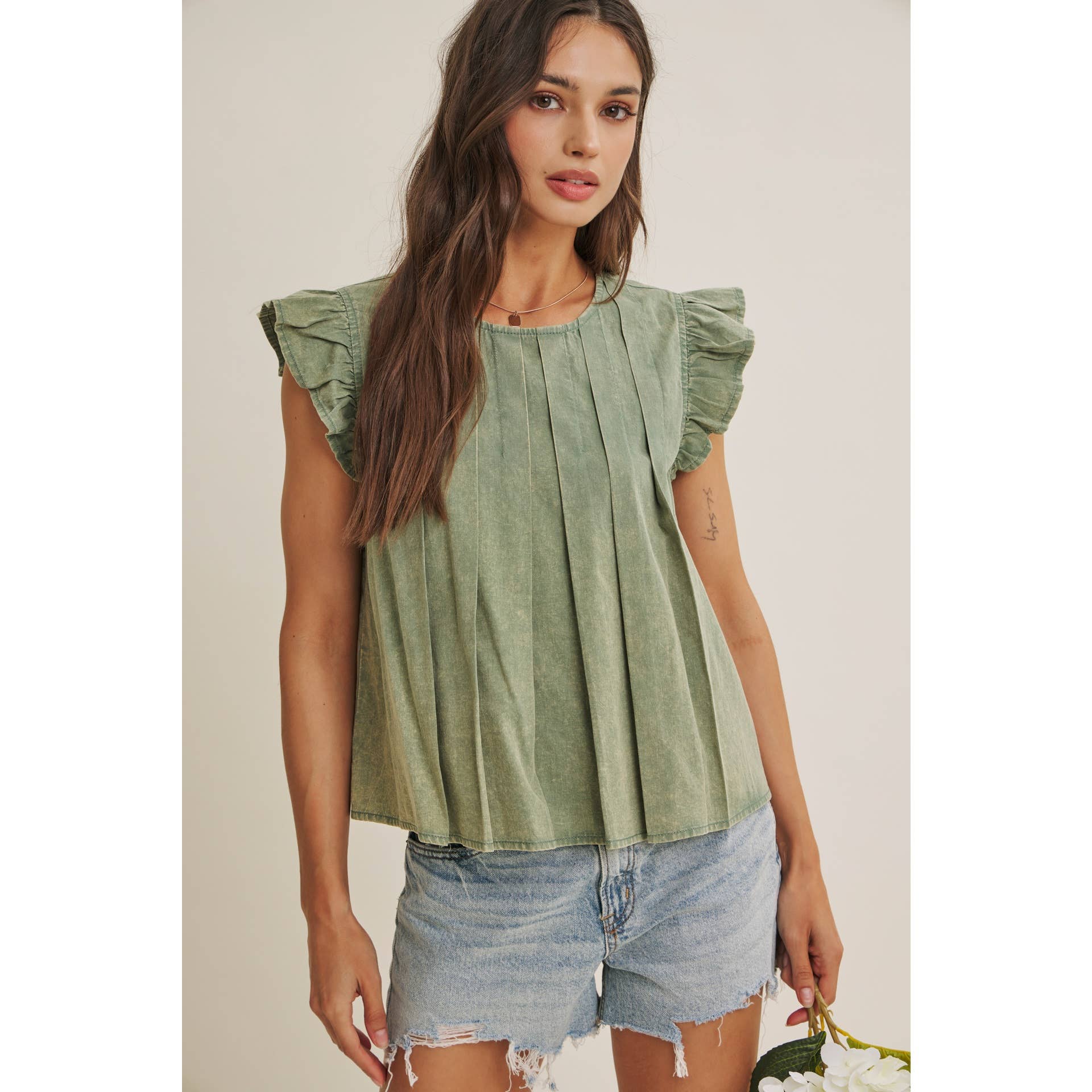 Mineral-washed Pleated Blouse