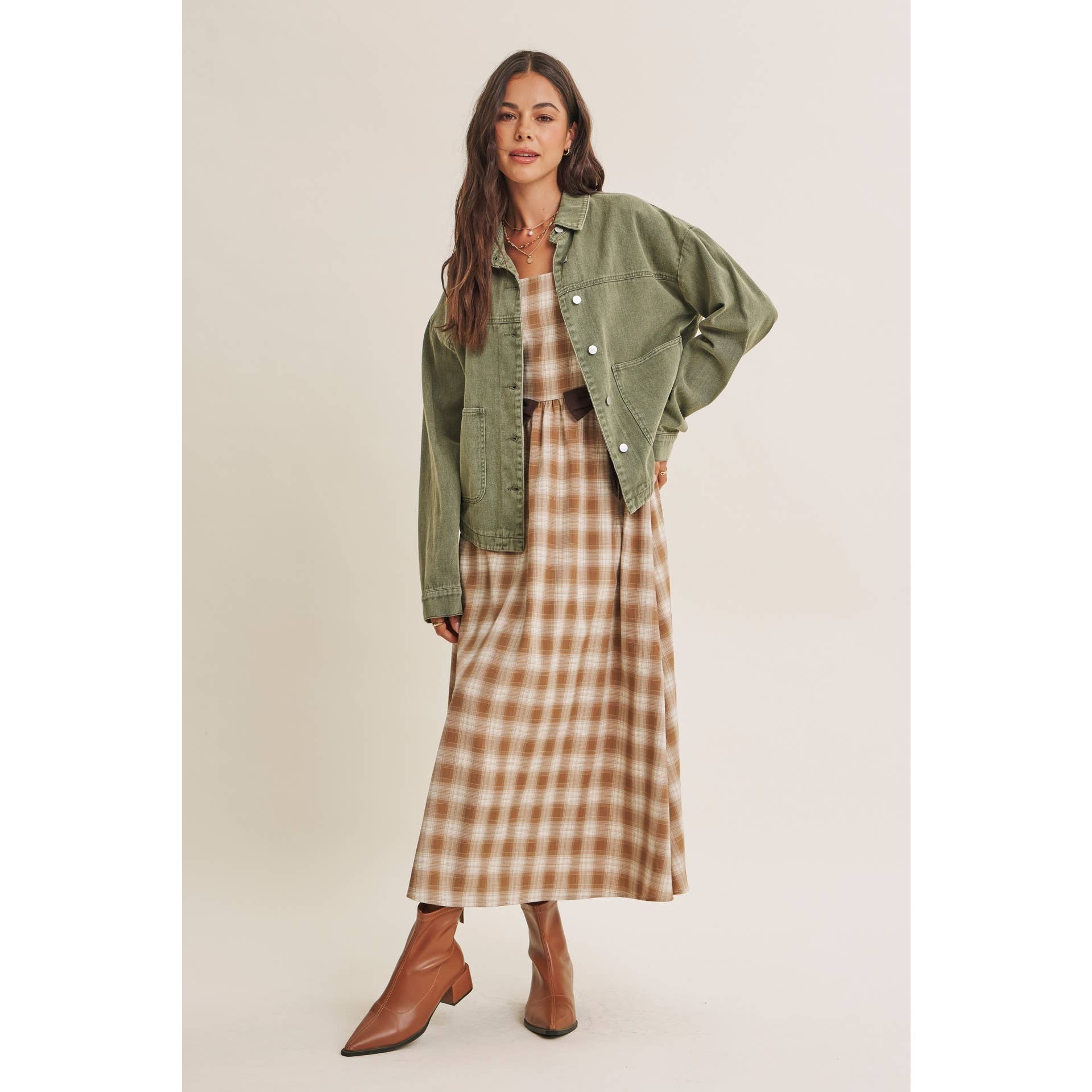 Golden Field Plaid Smocked Midi Dress