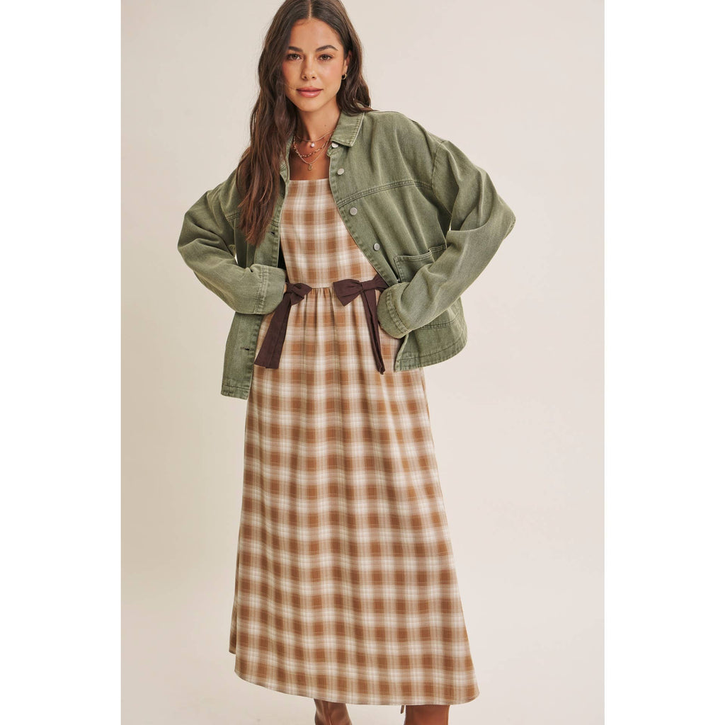 Golden Field Plaid Smocked Midi Dress