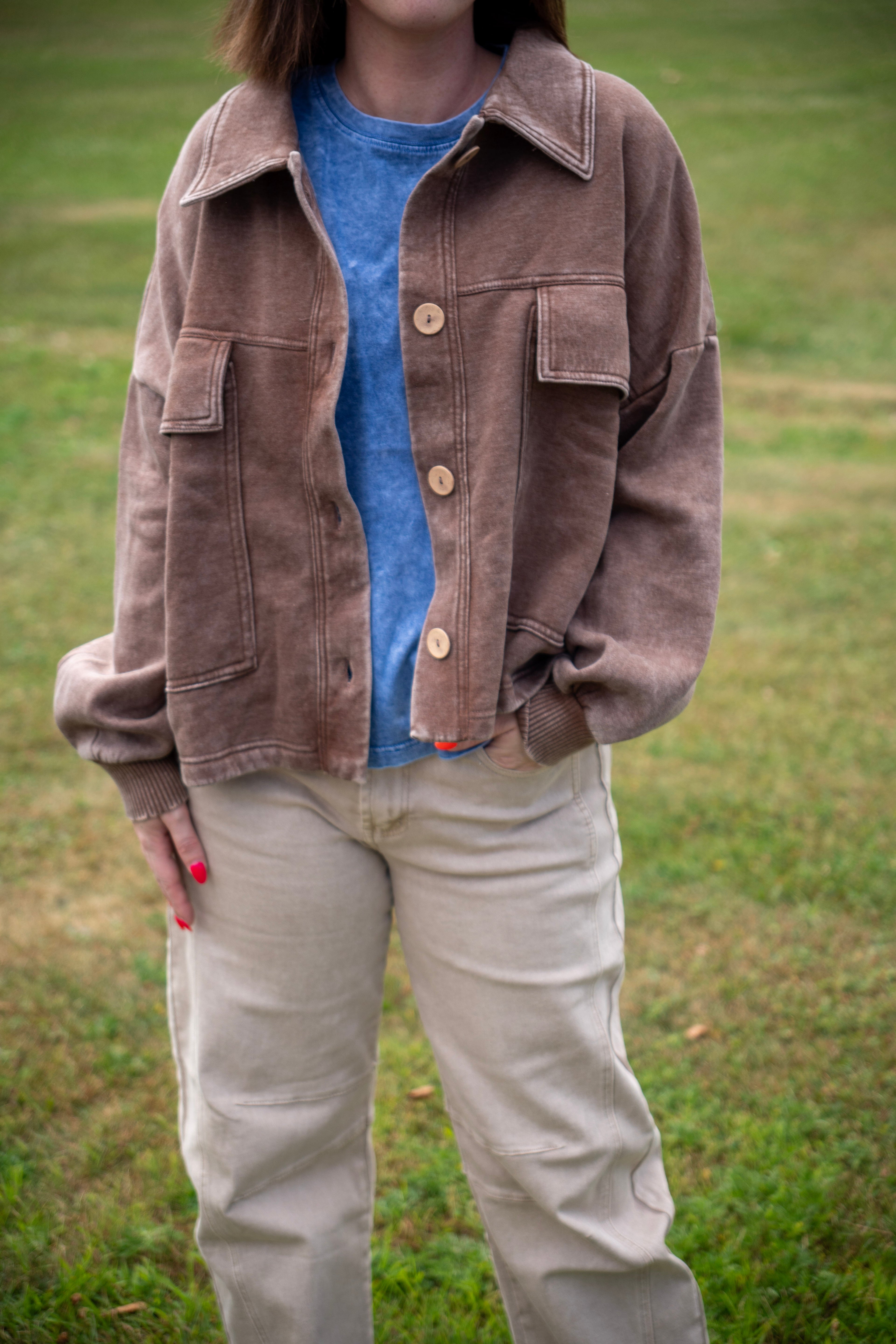 Acid Washed Fleece Front Pocket Shacket
