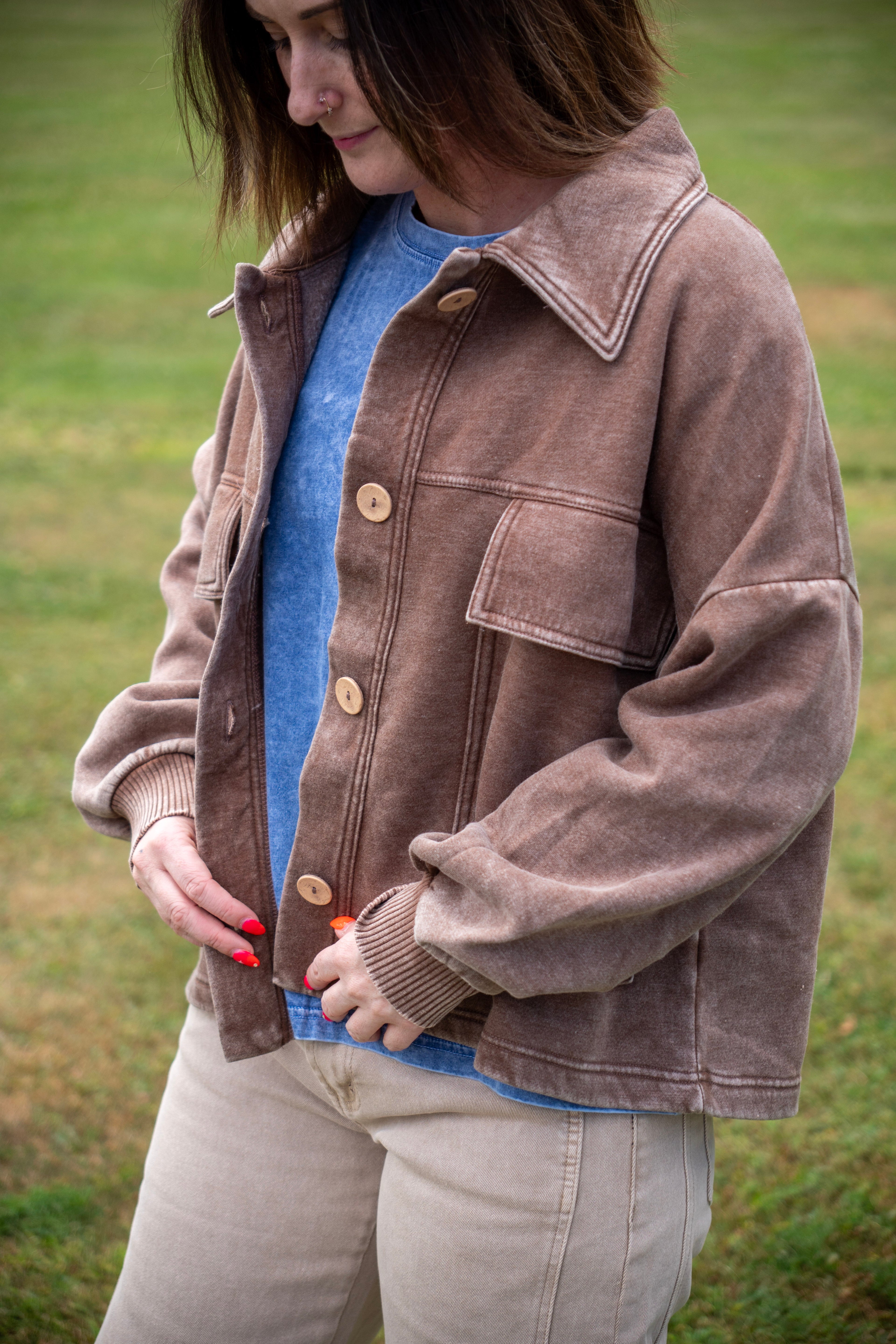 Acid Washed Fleece Front Pocket Shacket