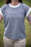 Contrast Trim Cap Sleeve Stripe Tee