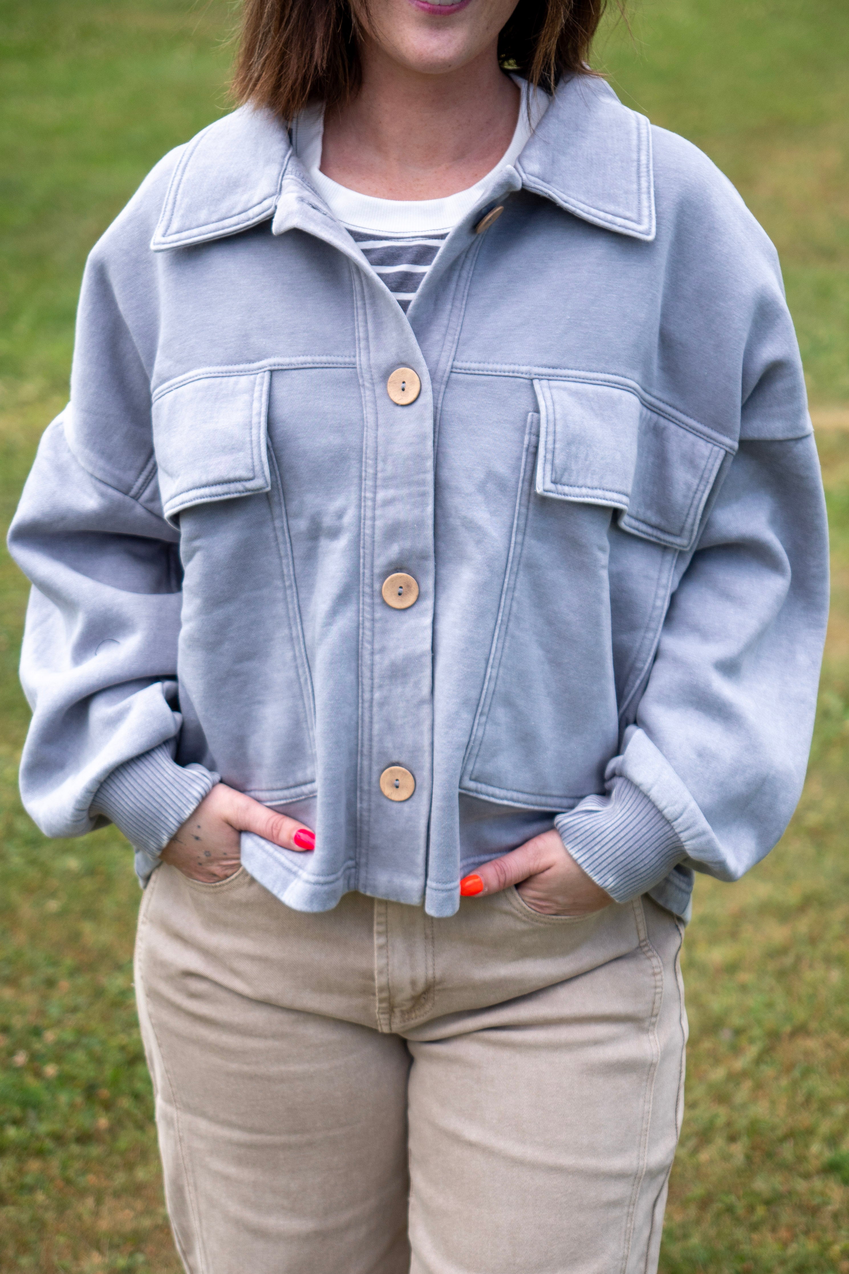 Acid Washed Fleece Front Pocket Shacket