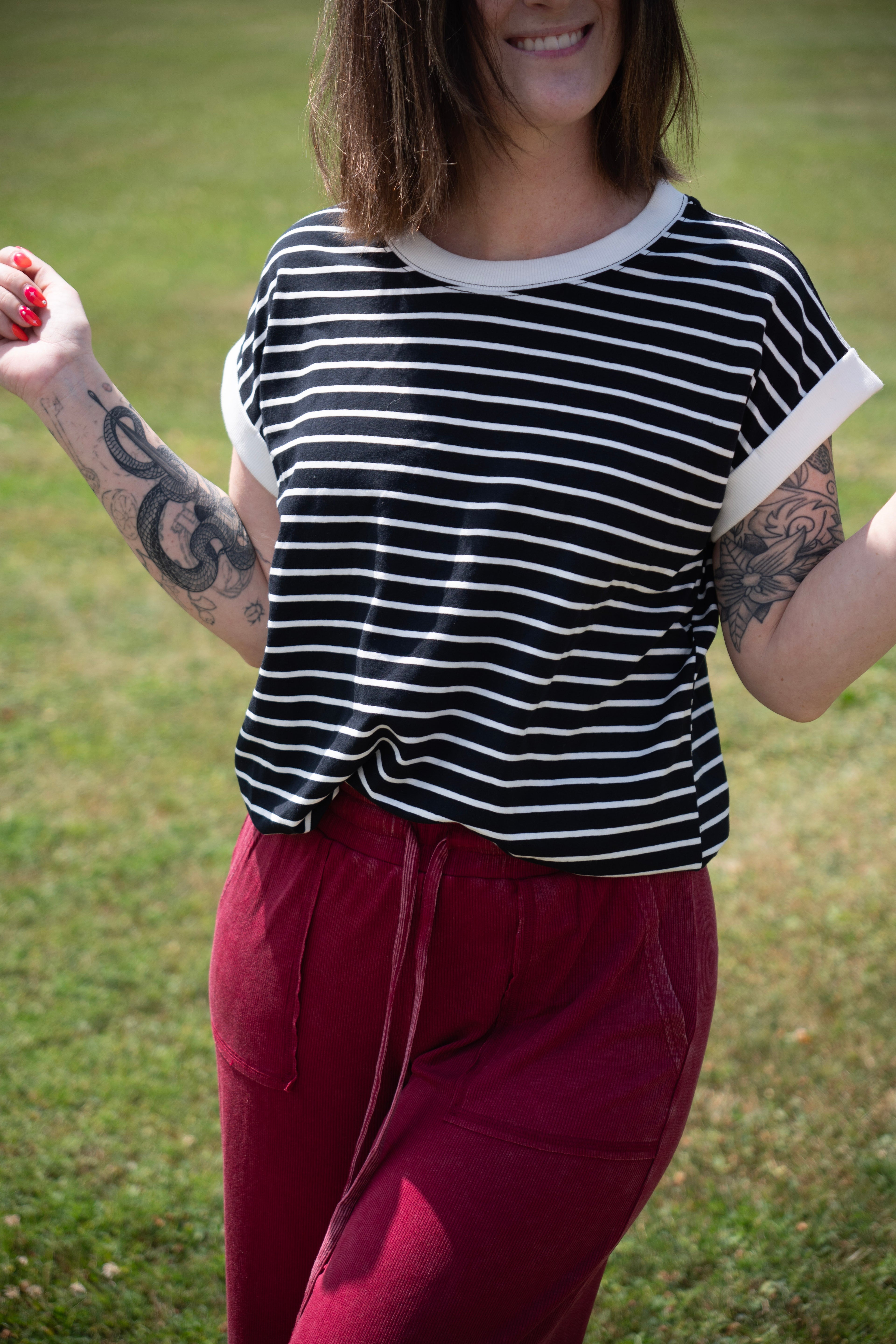 Contrast Trim Cap Sleeve Stripe Tee