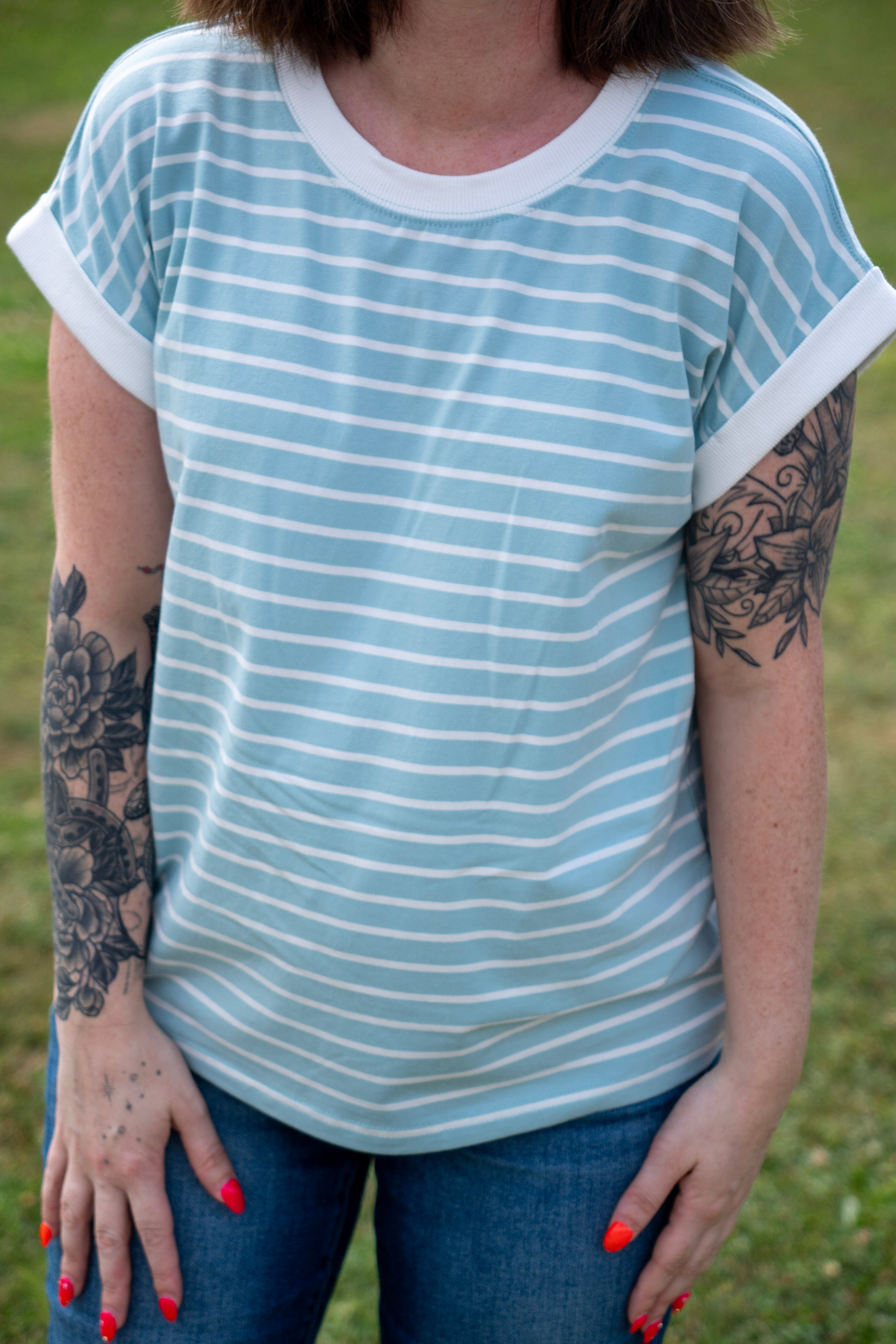 Contrast Trim Cap Sleeve Stripe Tee