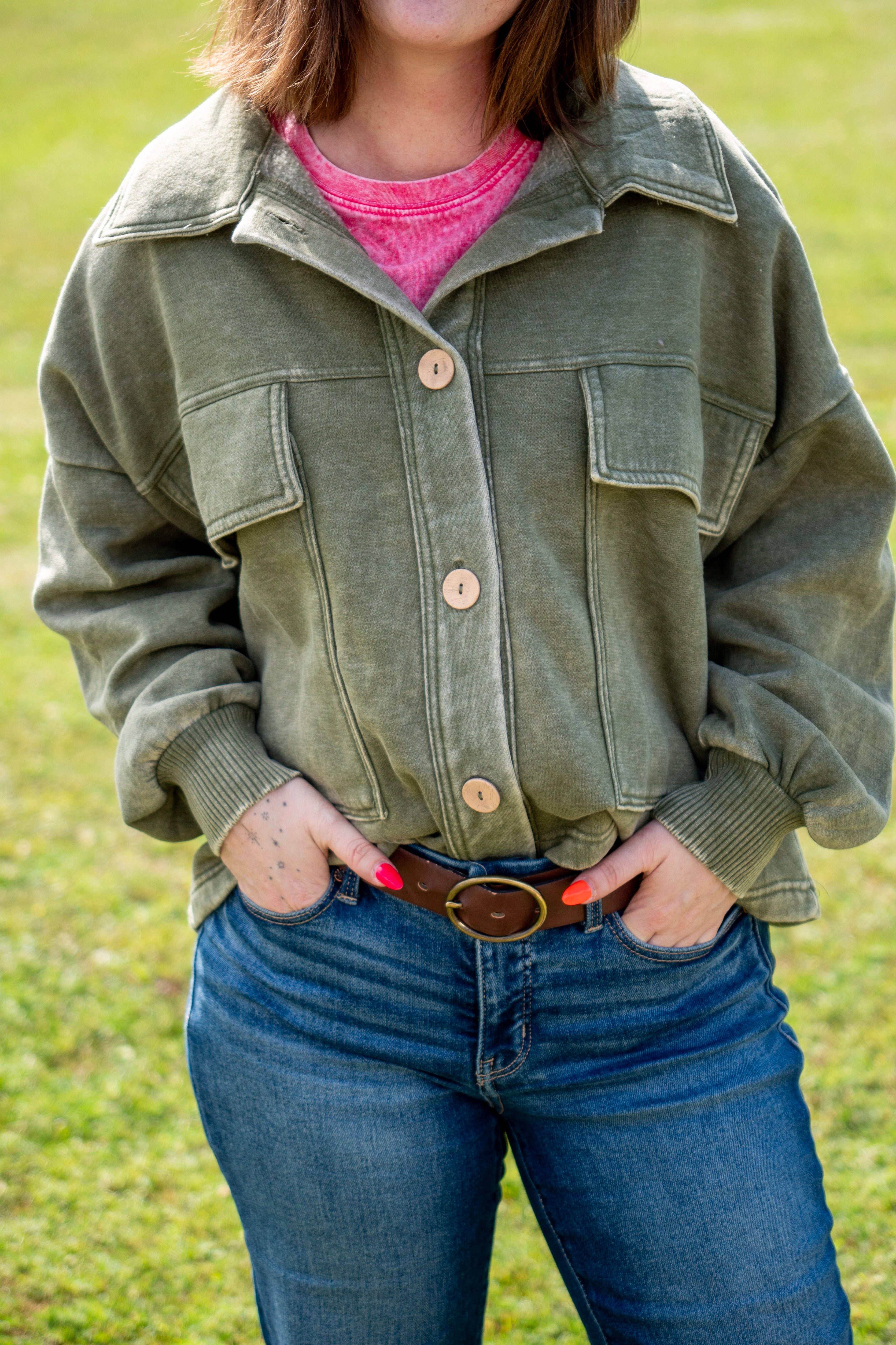 Acid Washed Fleece Front Pocket Shacket