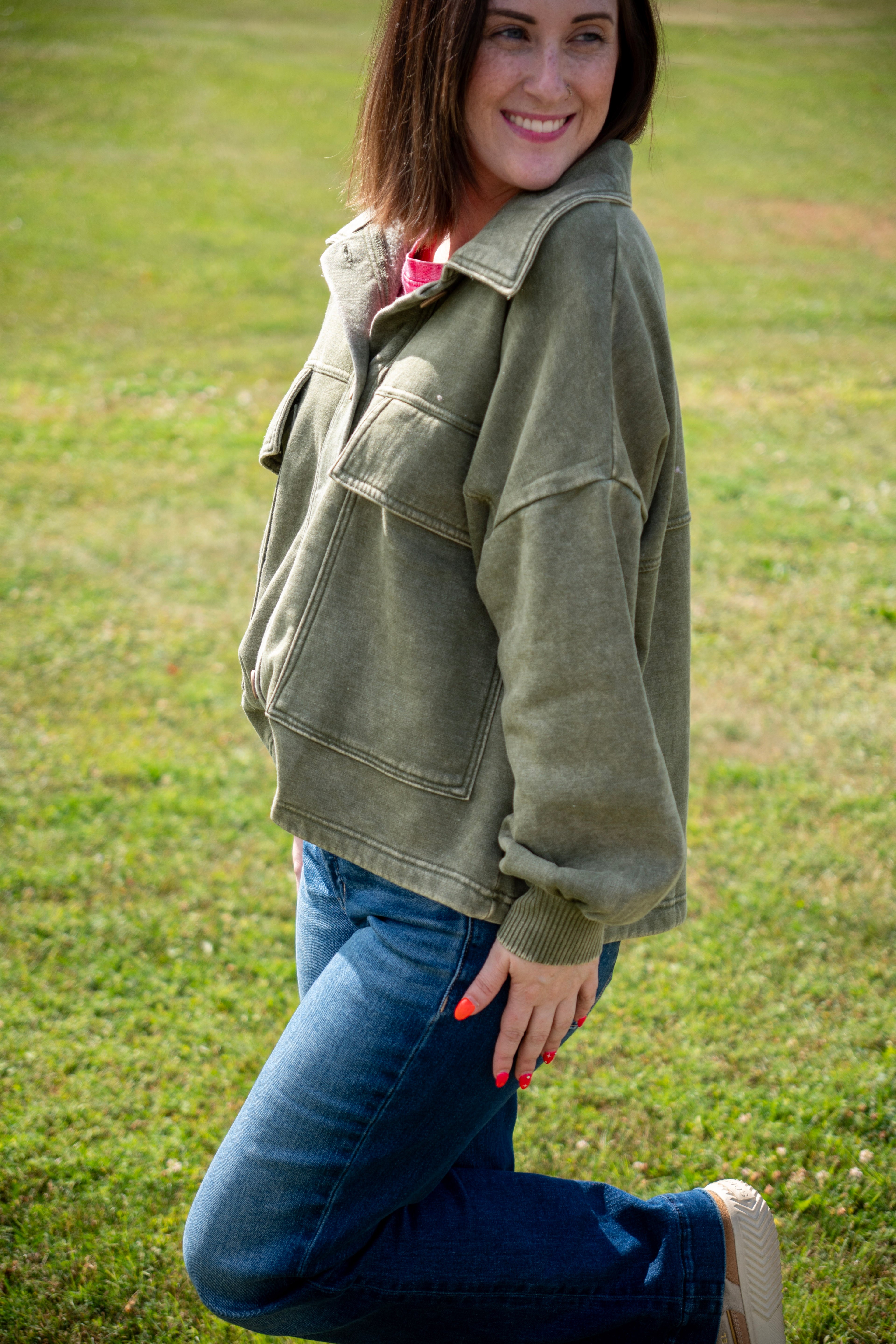 Acid Washed Fleece Front Pocket Shacket
