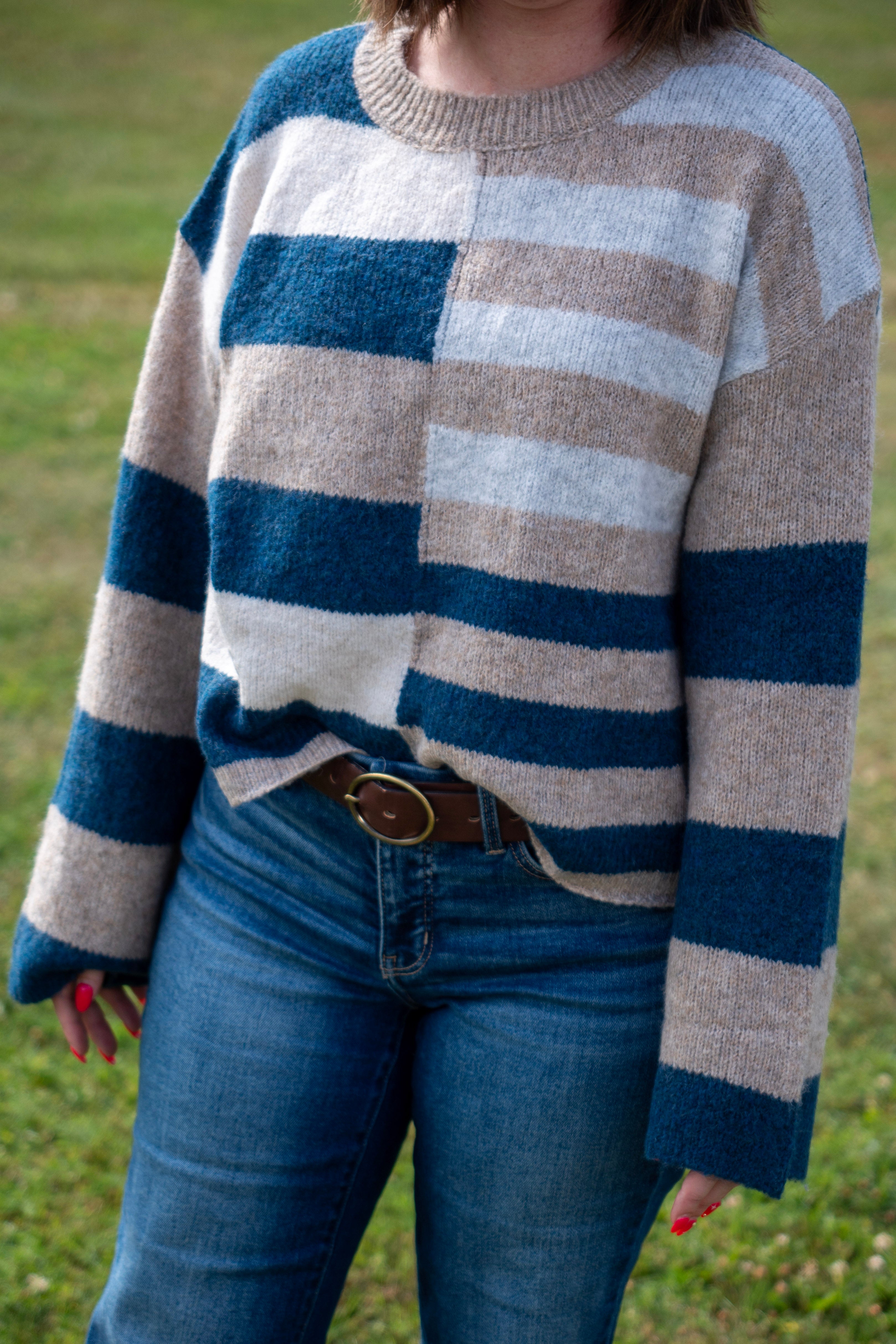Lightweight wool blend color block sweater