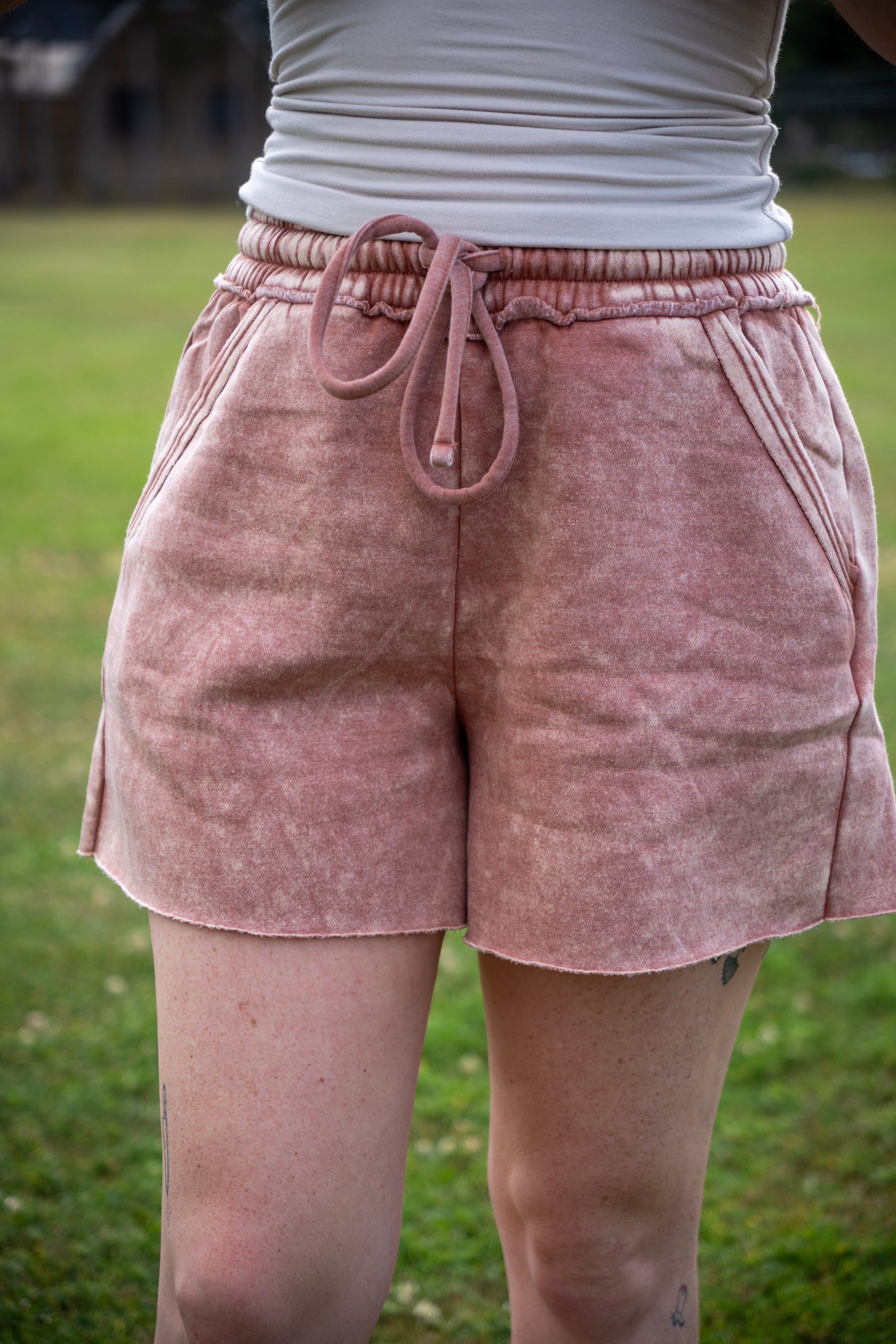 Acid wash fleece drawstring shorts with pockets