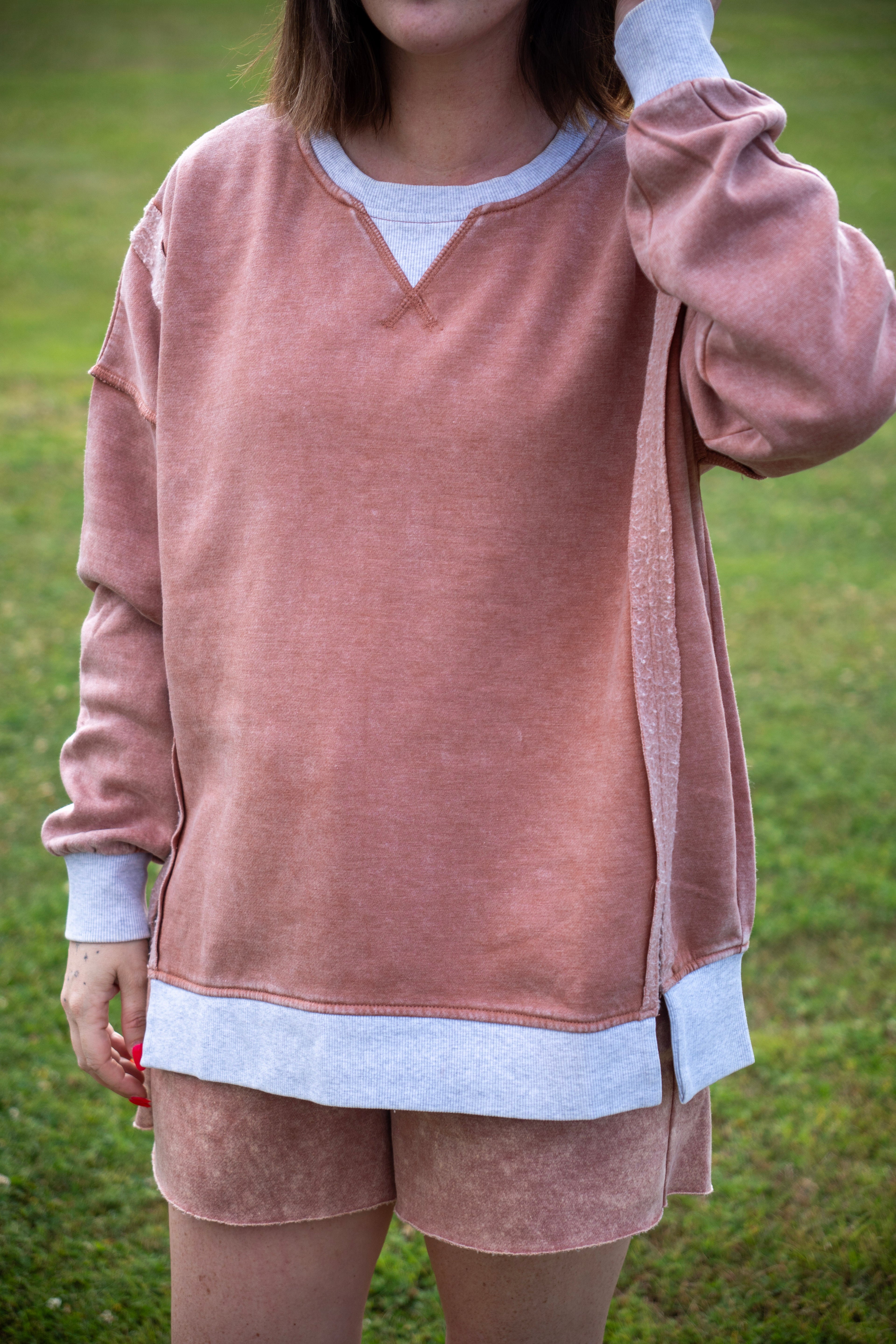 Fleece Acid Washed Contrast Trim Pullover