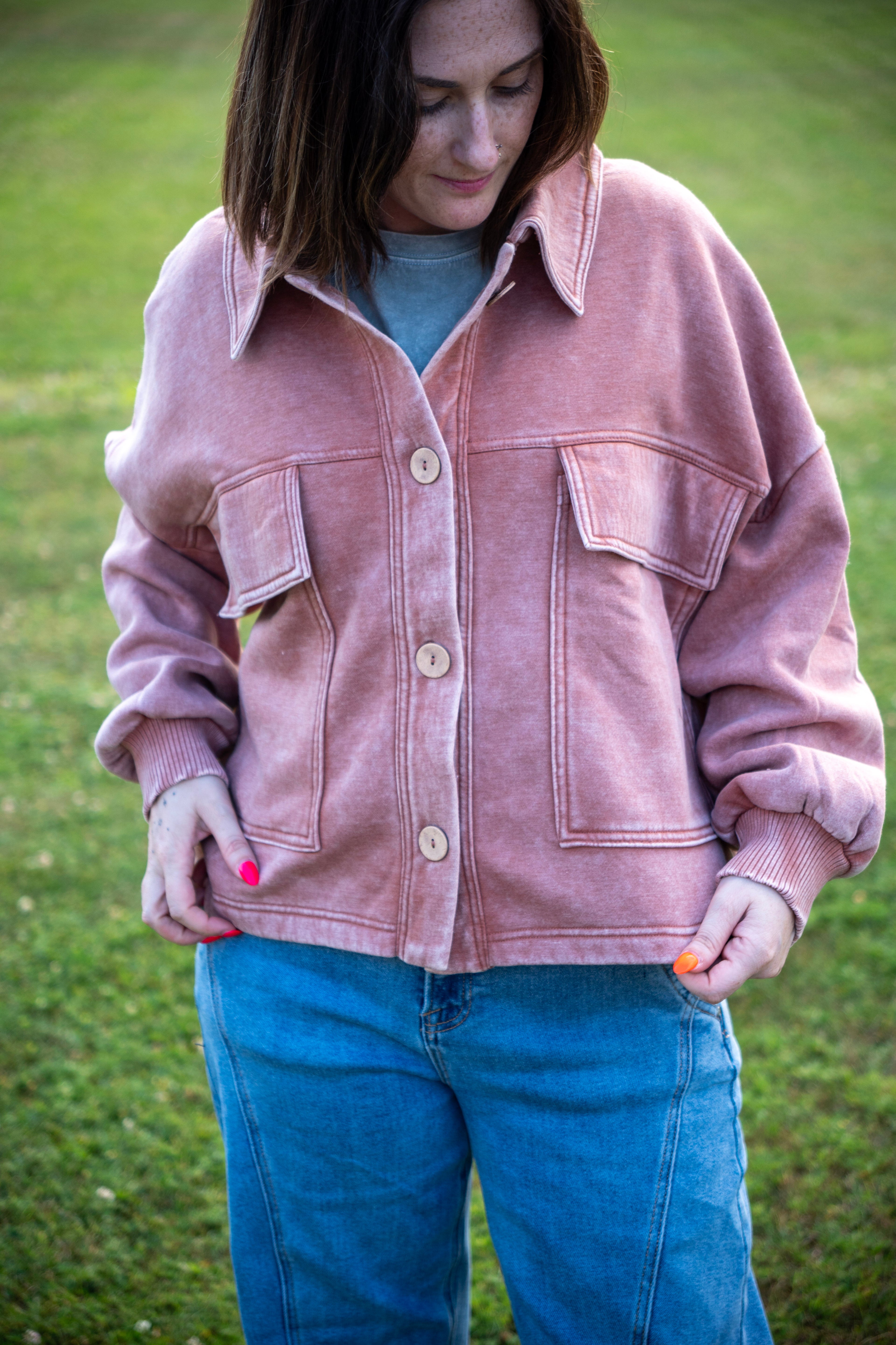 Acid Washed Fleece Front Pocket Shacket