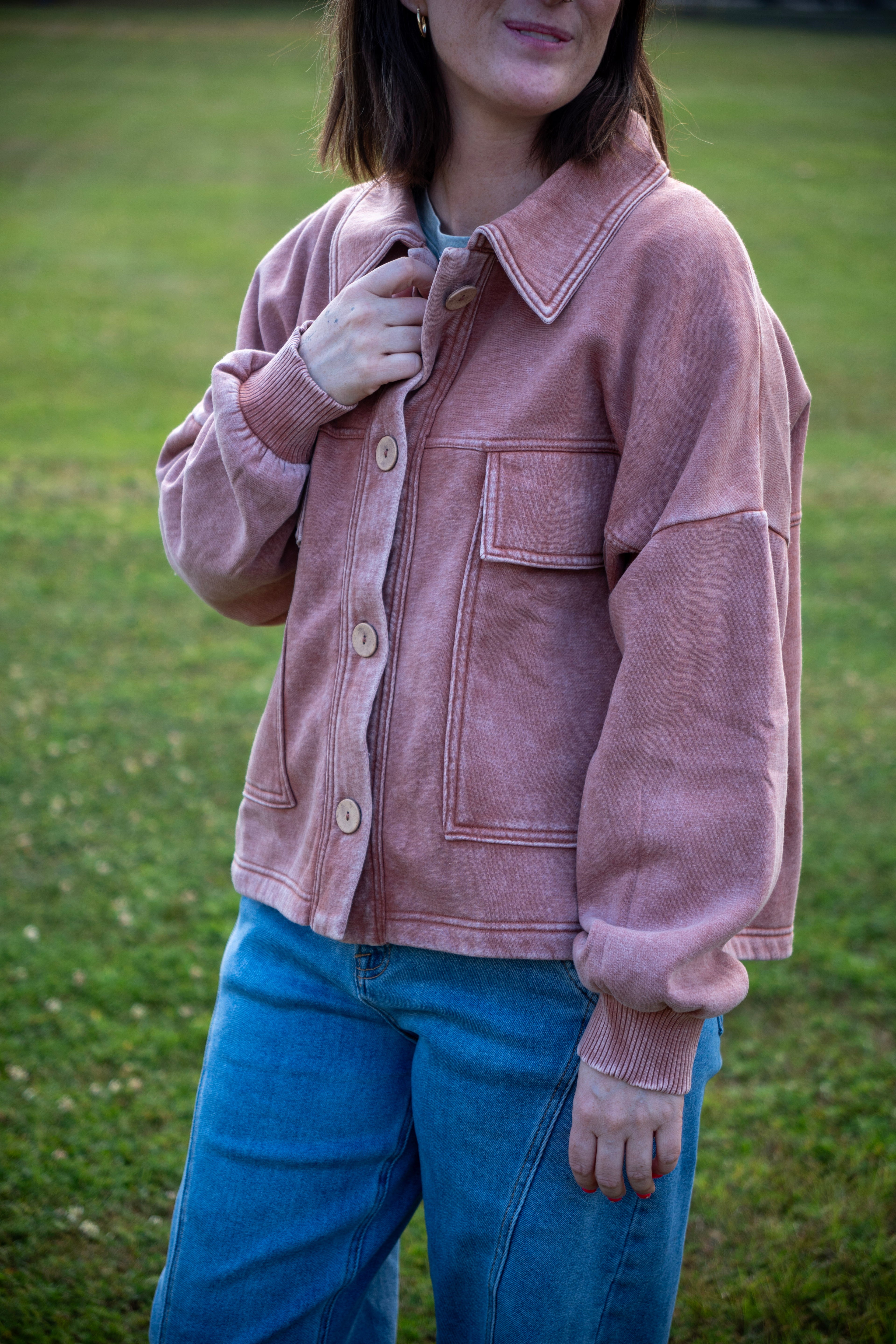 Acid Washed Fleece Front Pocket Shacket