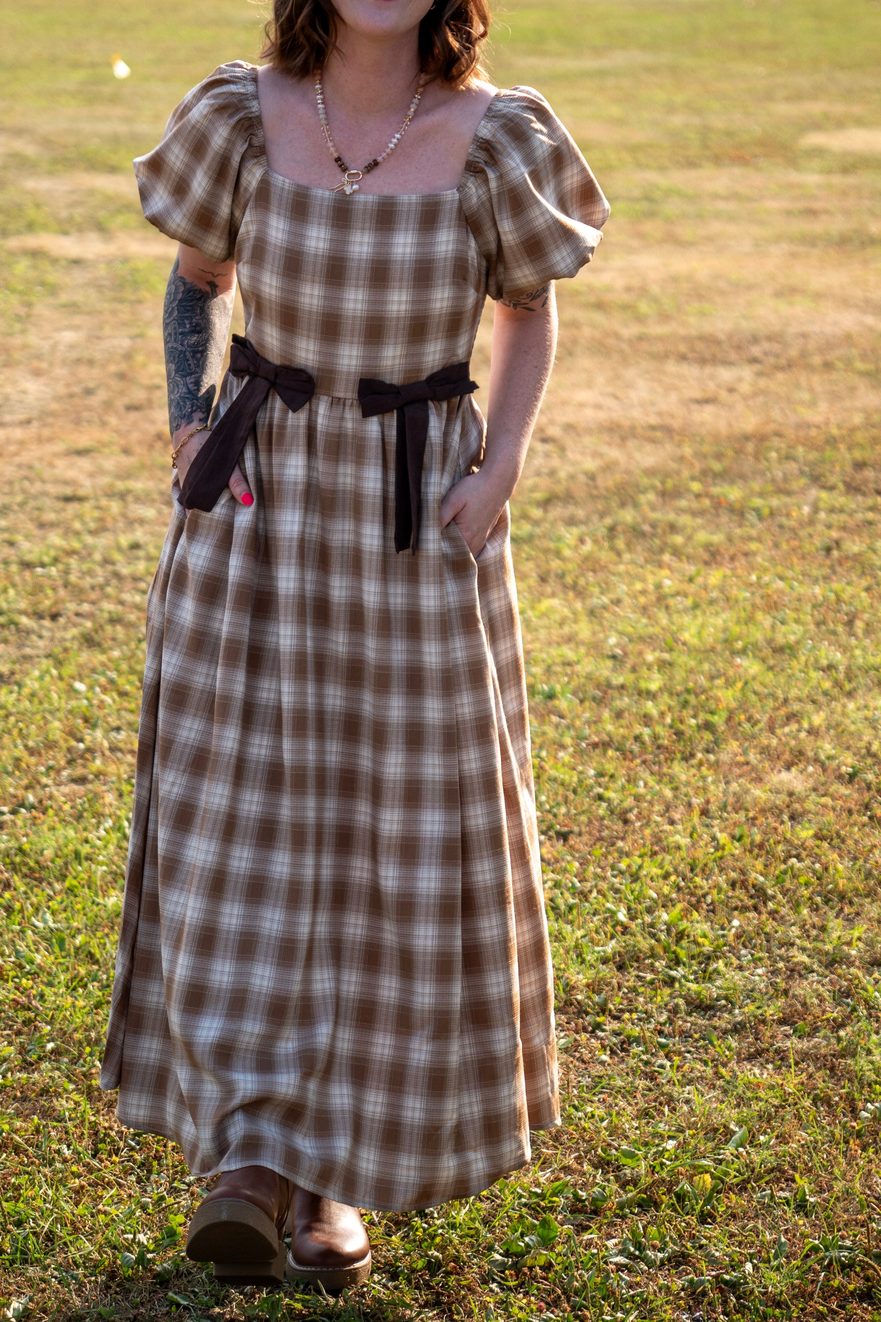 Golden Field Plaid Smocked Midi Dress