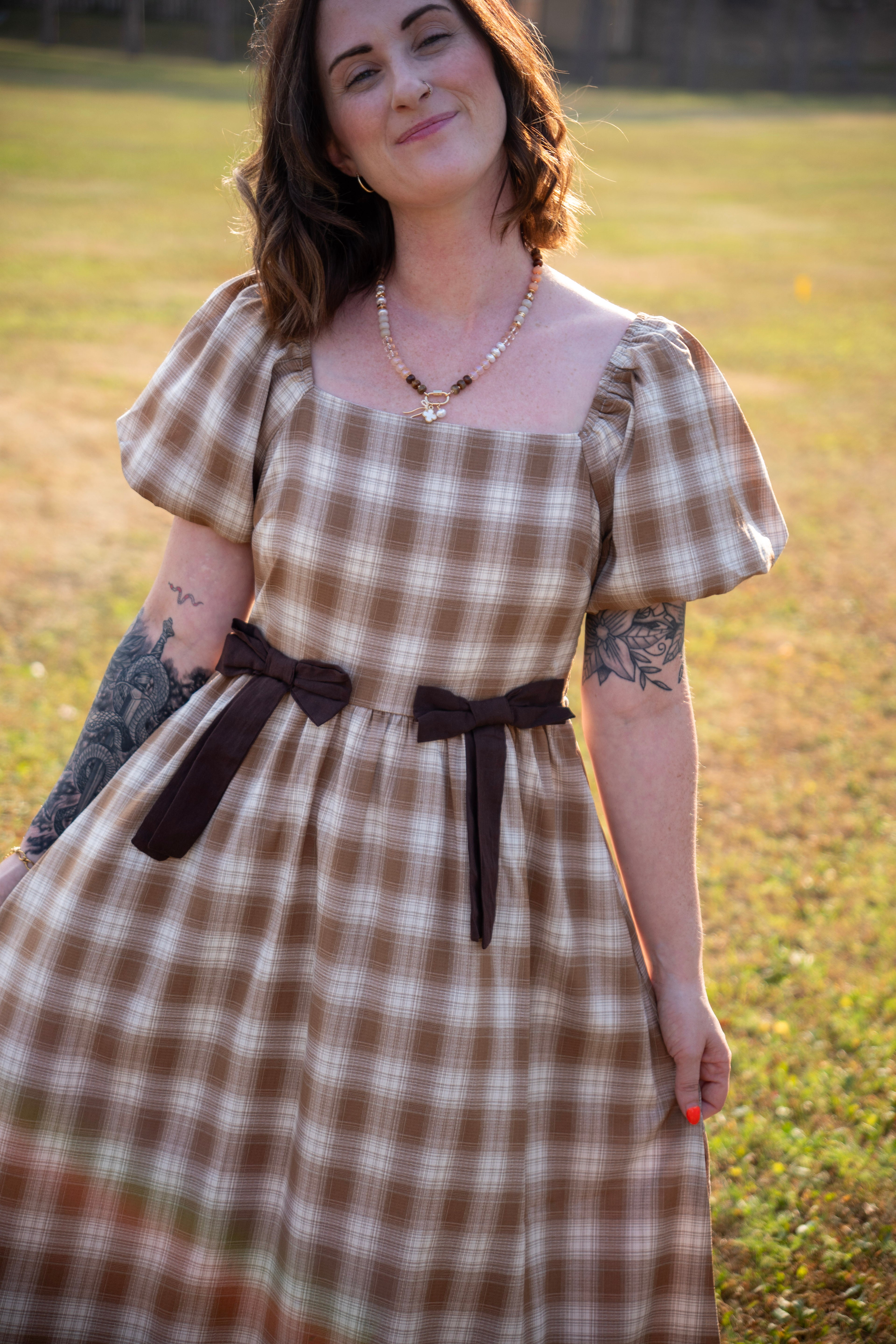 Golden Field Plaid Smocked Midi Dress
