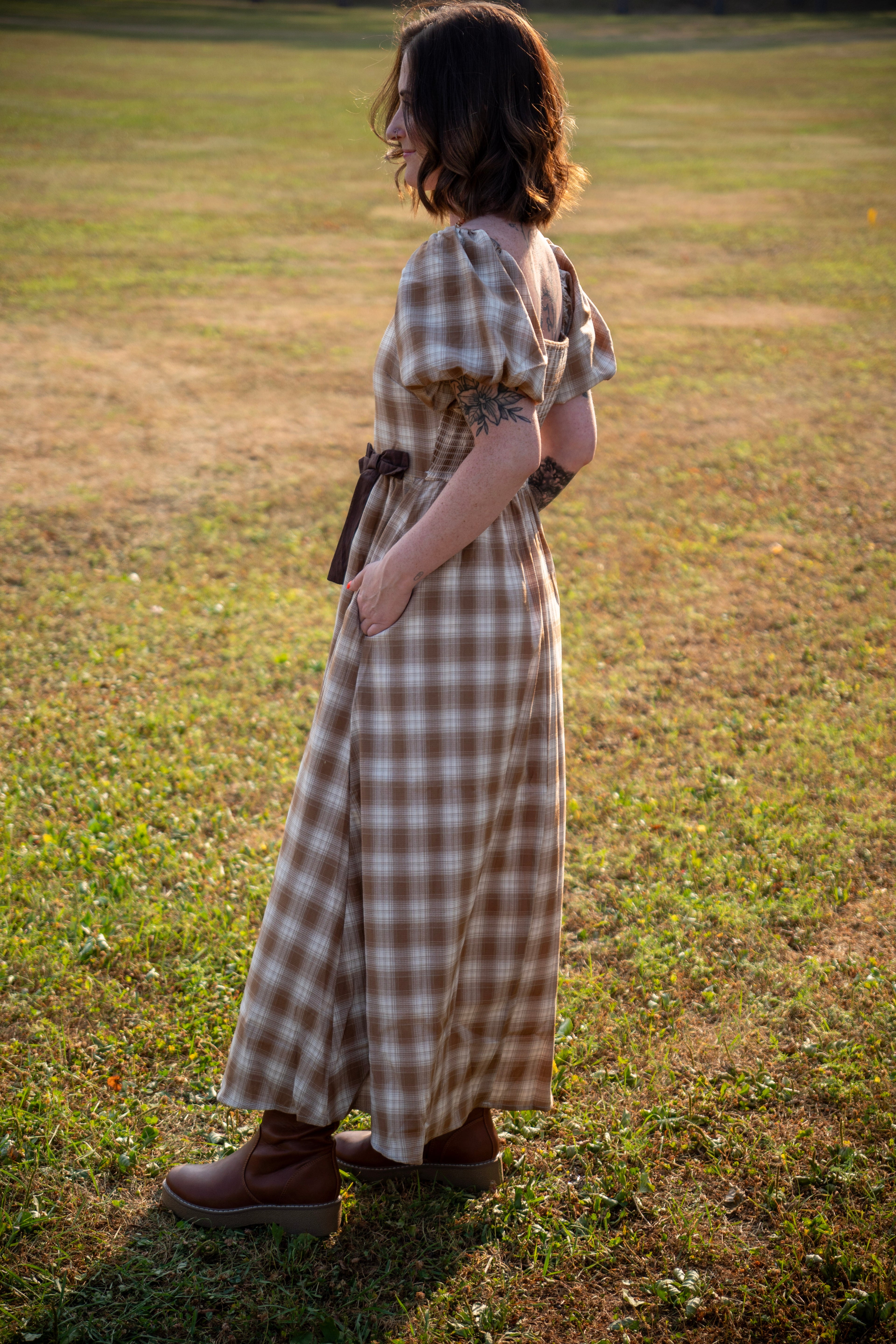 Golden Field Plaid Smocked Midi Dress