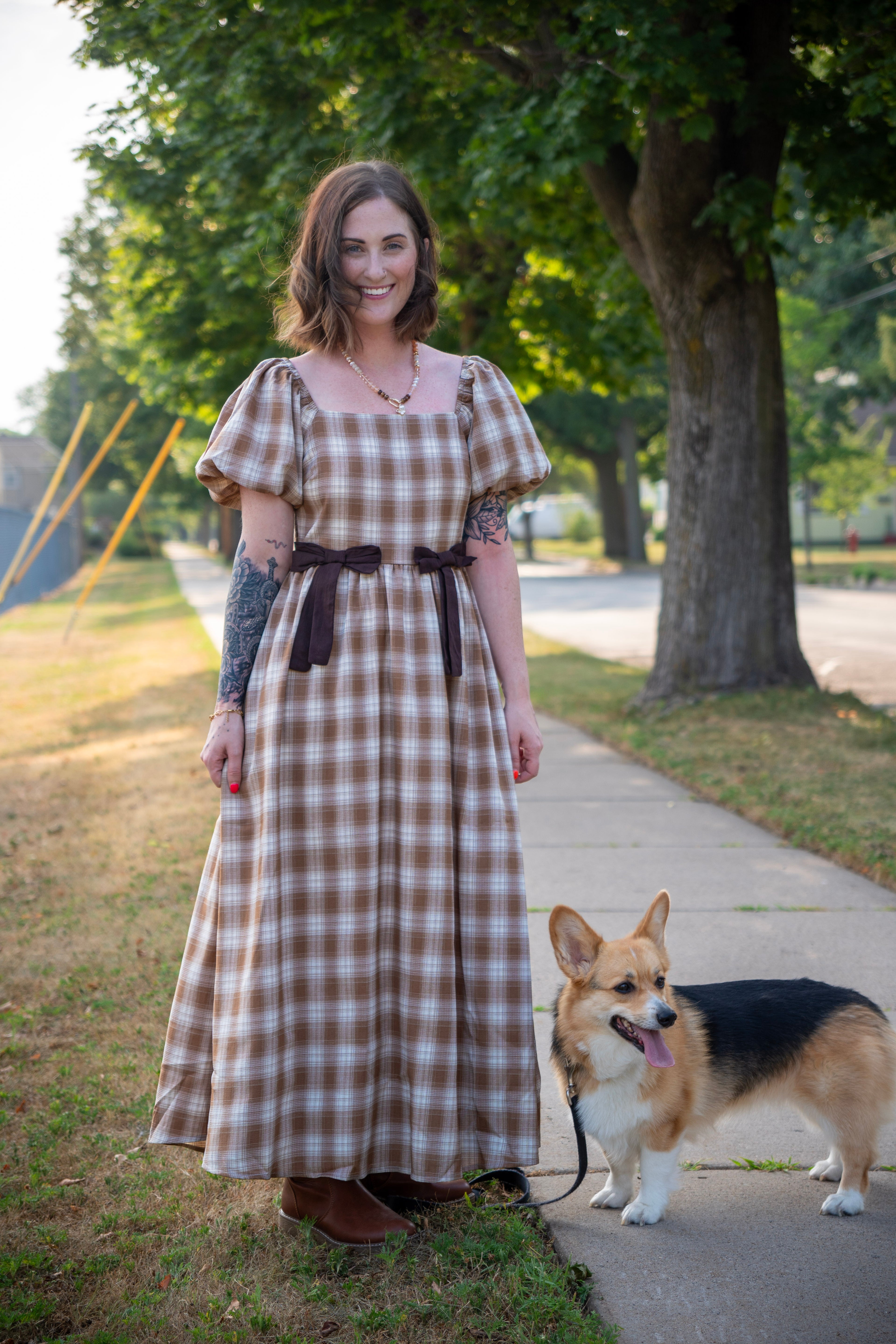 Golden Field Plaid Smocked Midi Dress