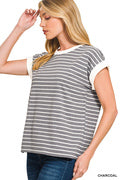 Contrast Trim Cap Sleeve Stripe Tee
