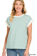 Contrast Trim Cap Sleeve Stripe Tee