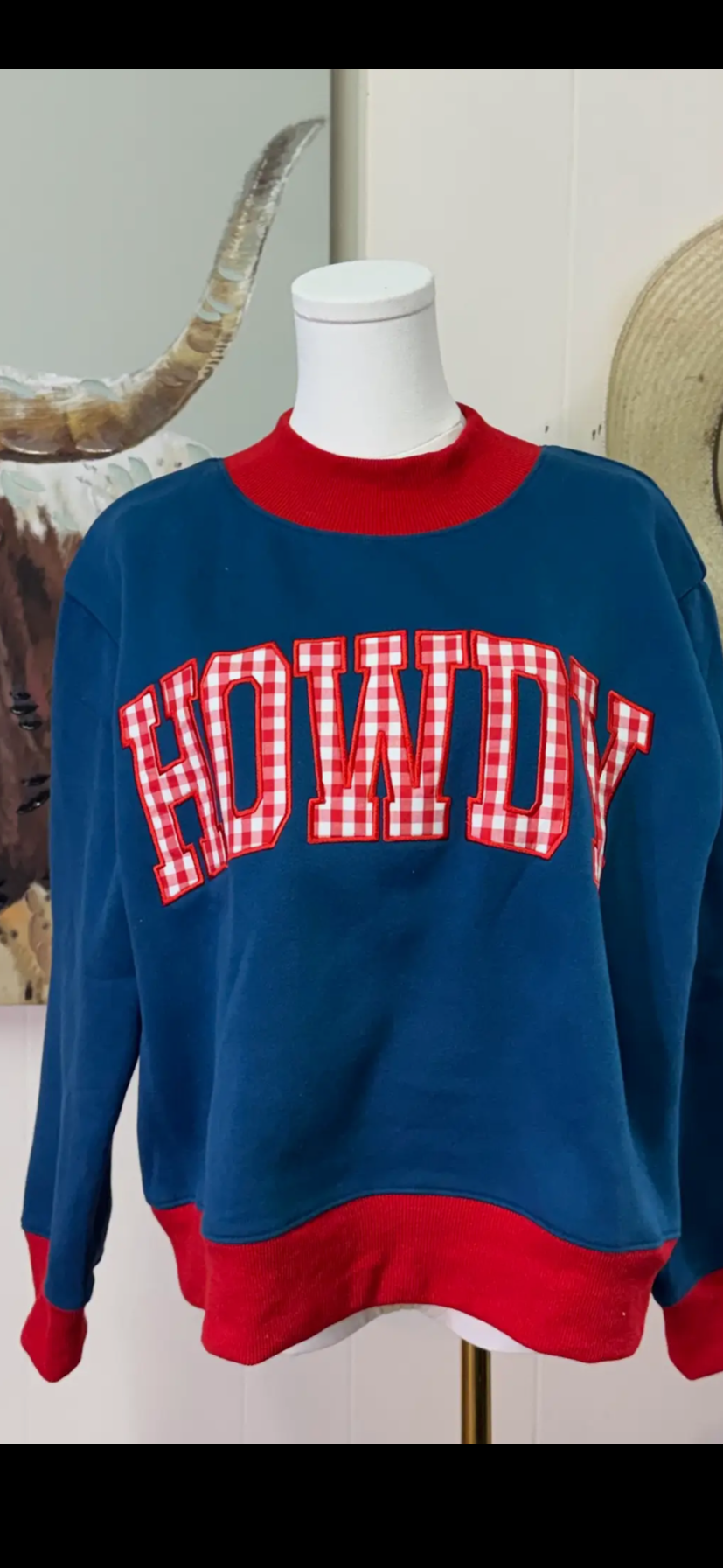 Red Gingham Howdy Appliqué Mock Neck Blue Sweater