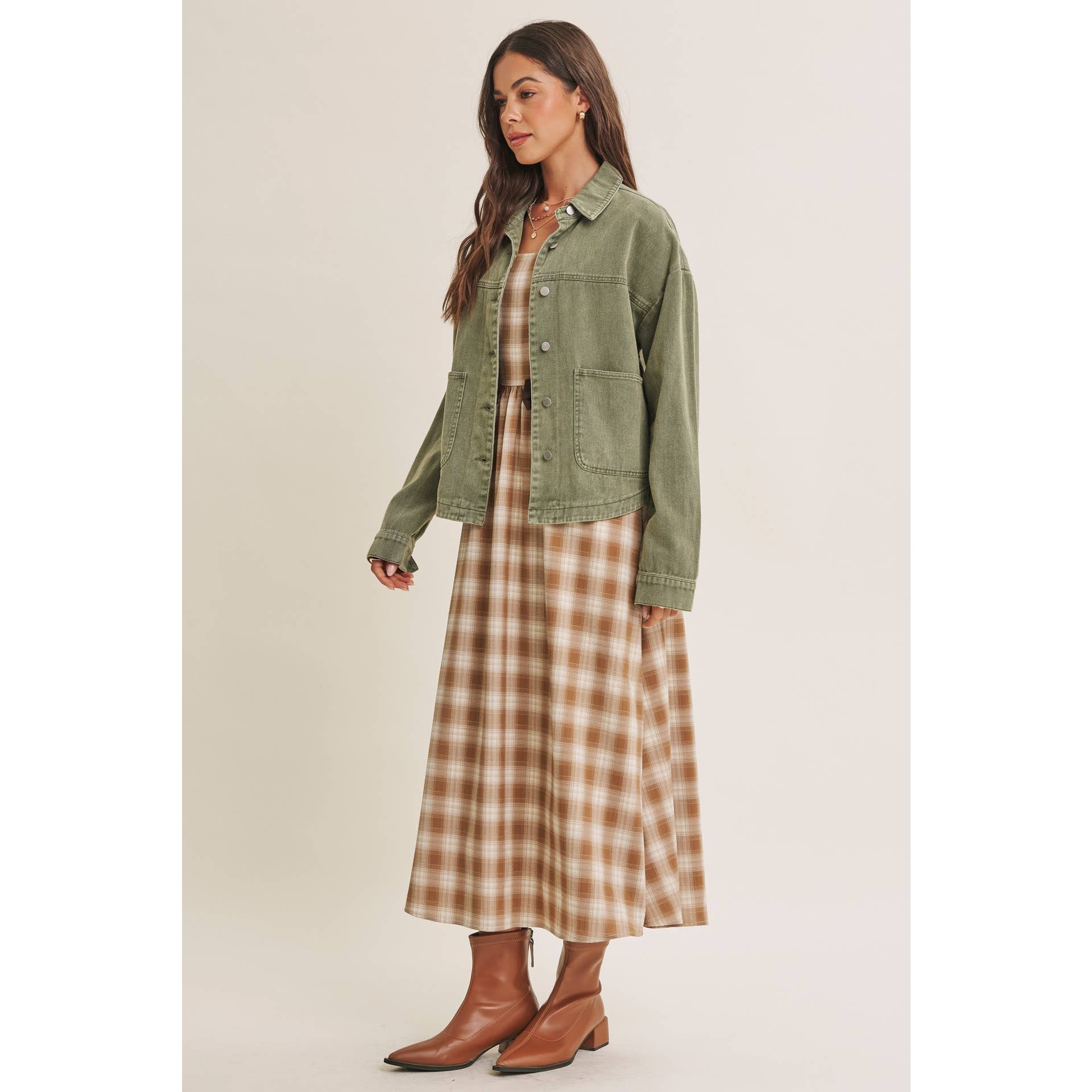 Golden Field Plaid Smocked Midi Dress