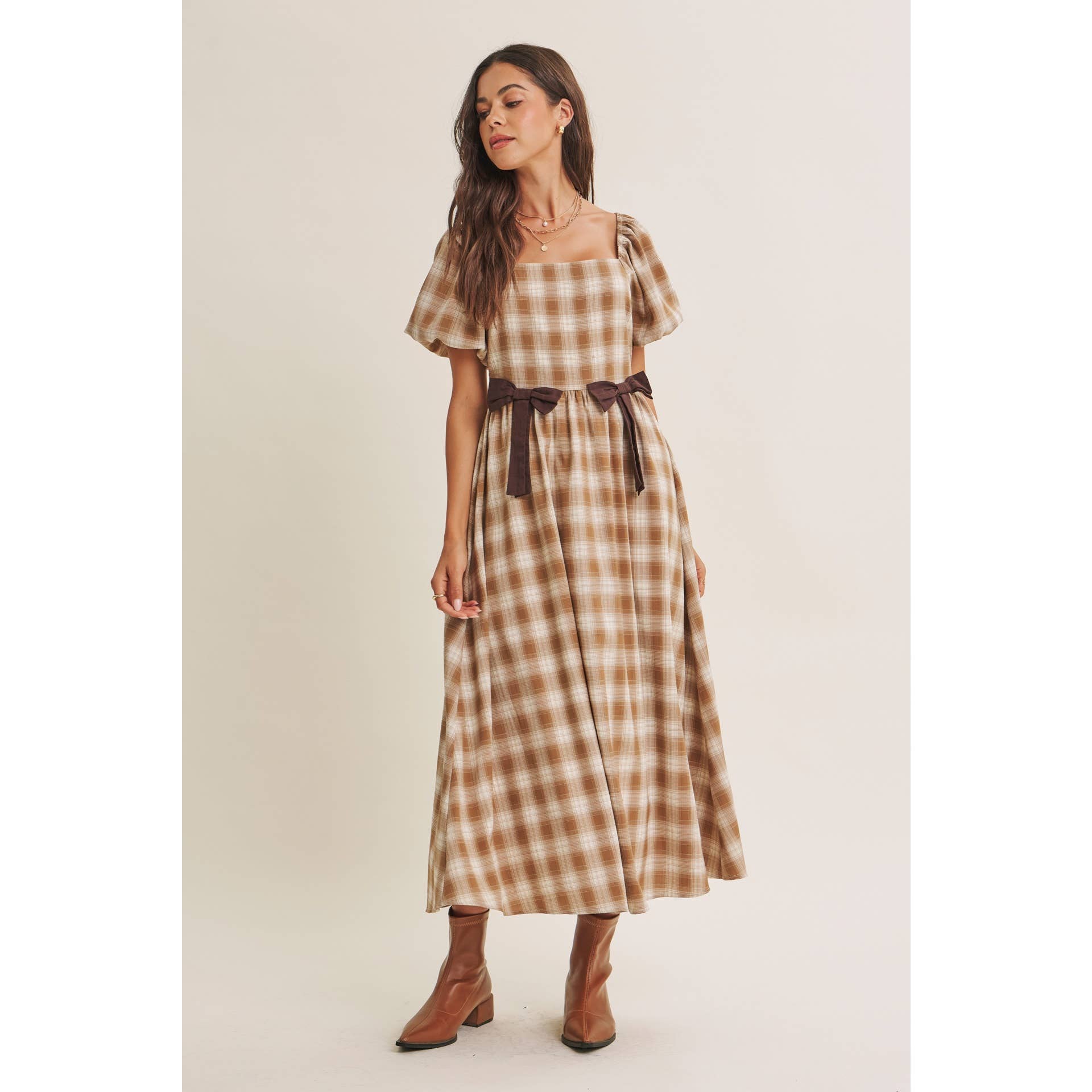 Golden Field Plaid Smocked Midi Dress