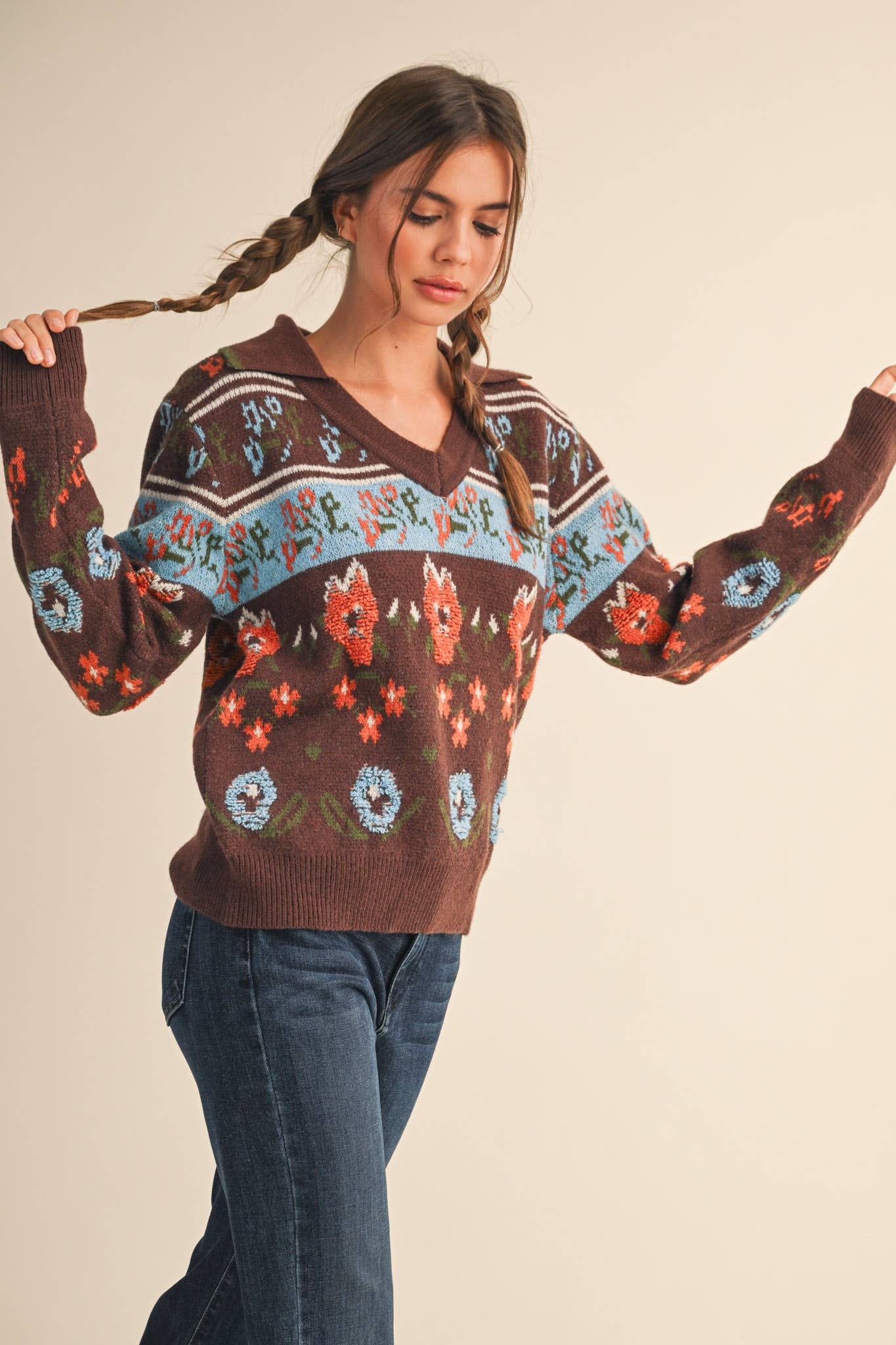 Floral Knit Collared Sweater