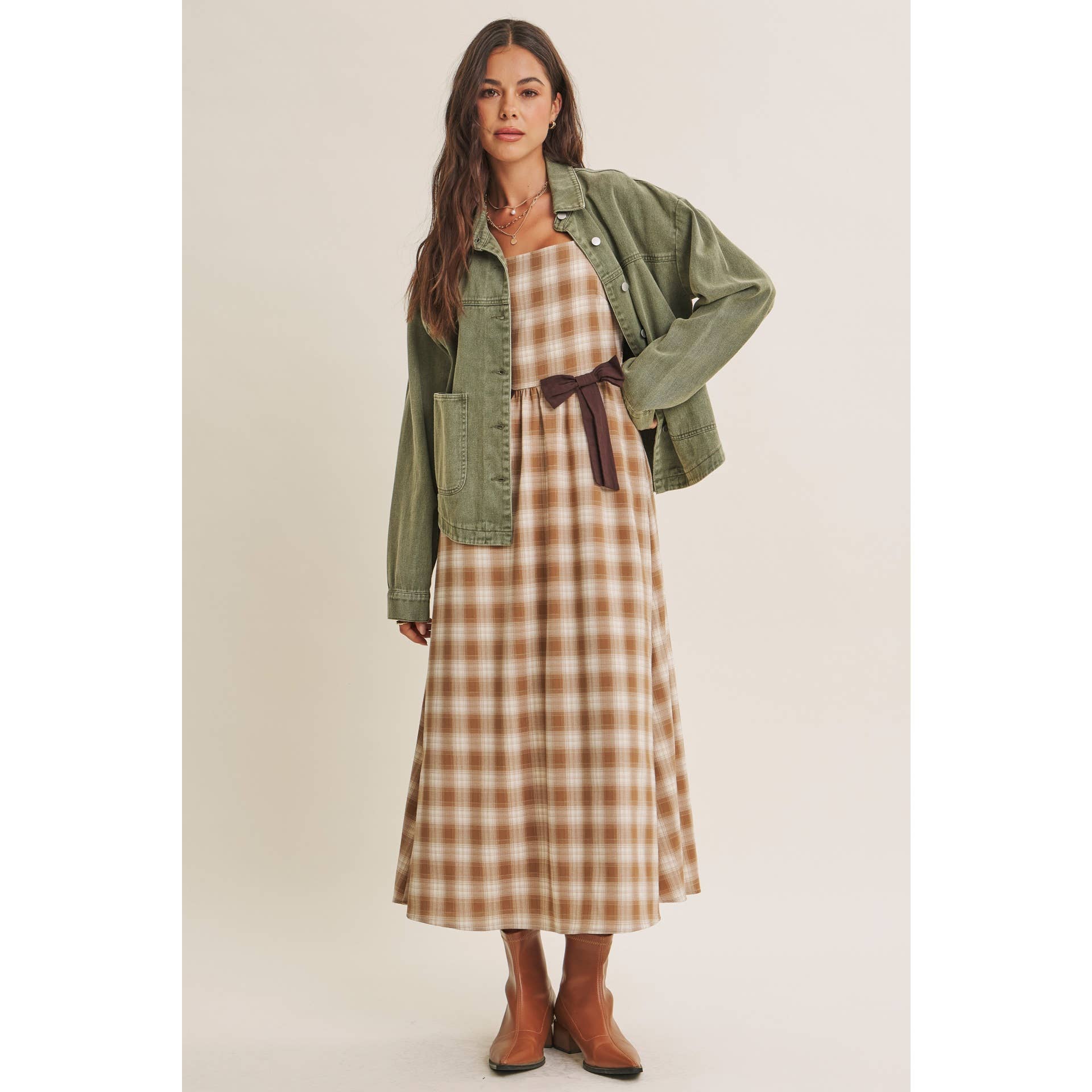 Golden Field Plaid Smocked Midi Dress
