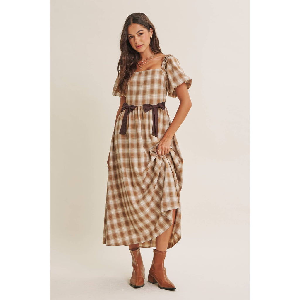 Golden Field Plaid Smocked Midi Dress