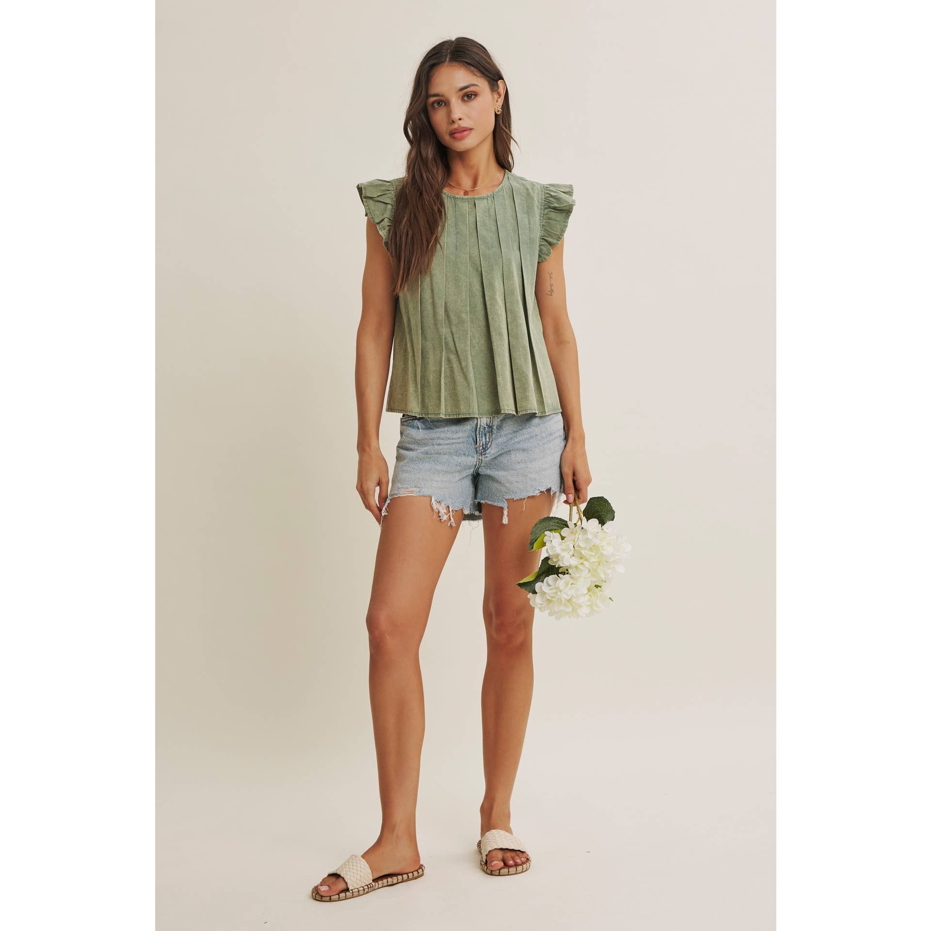 Mineral-washed Pleated Blouse